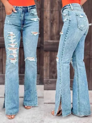 Distressed Bootcut Jeans with Slit Detail