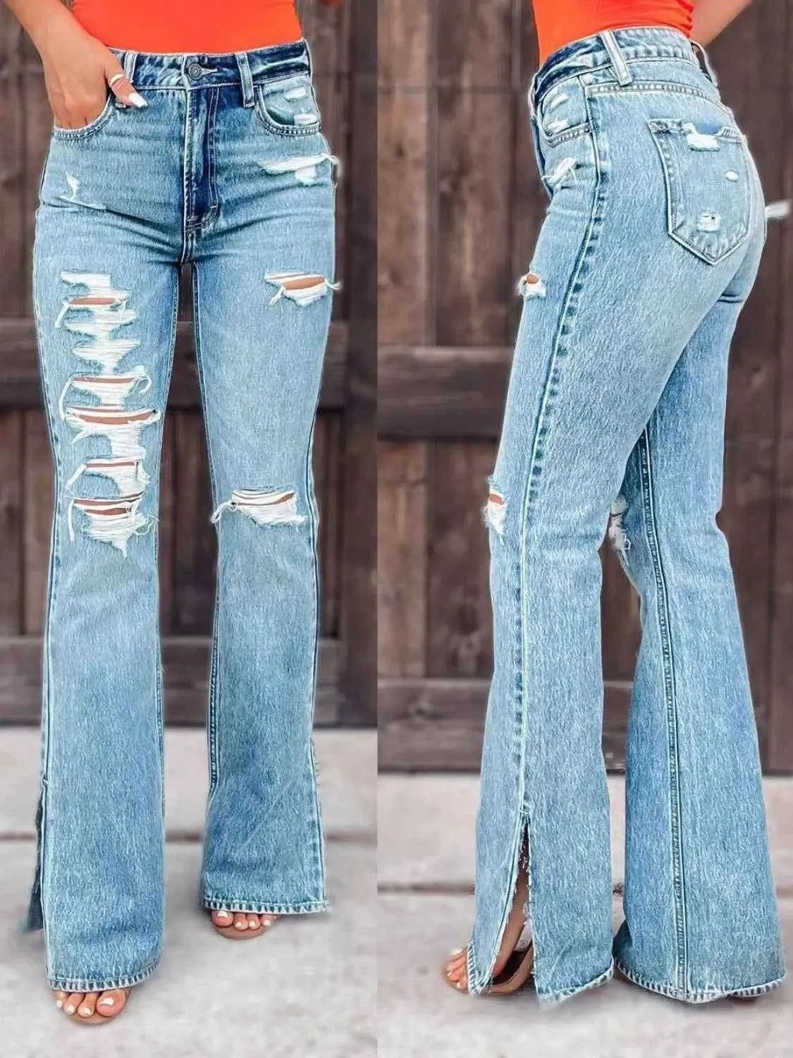 Distressed Bootcut Jeans with Slit Detail