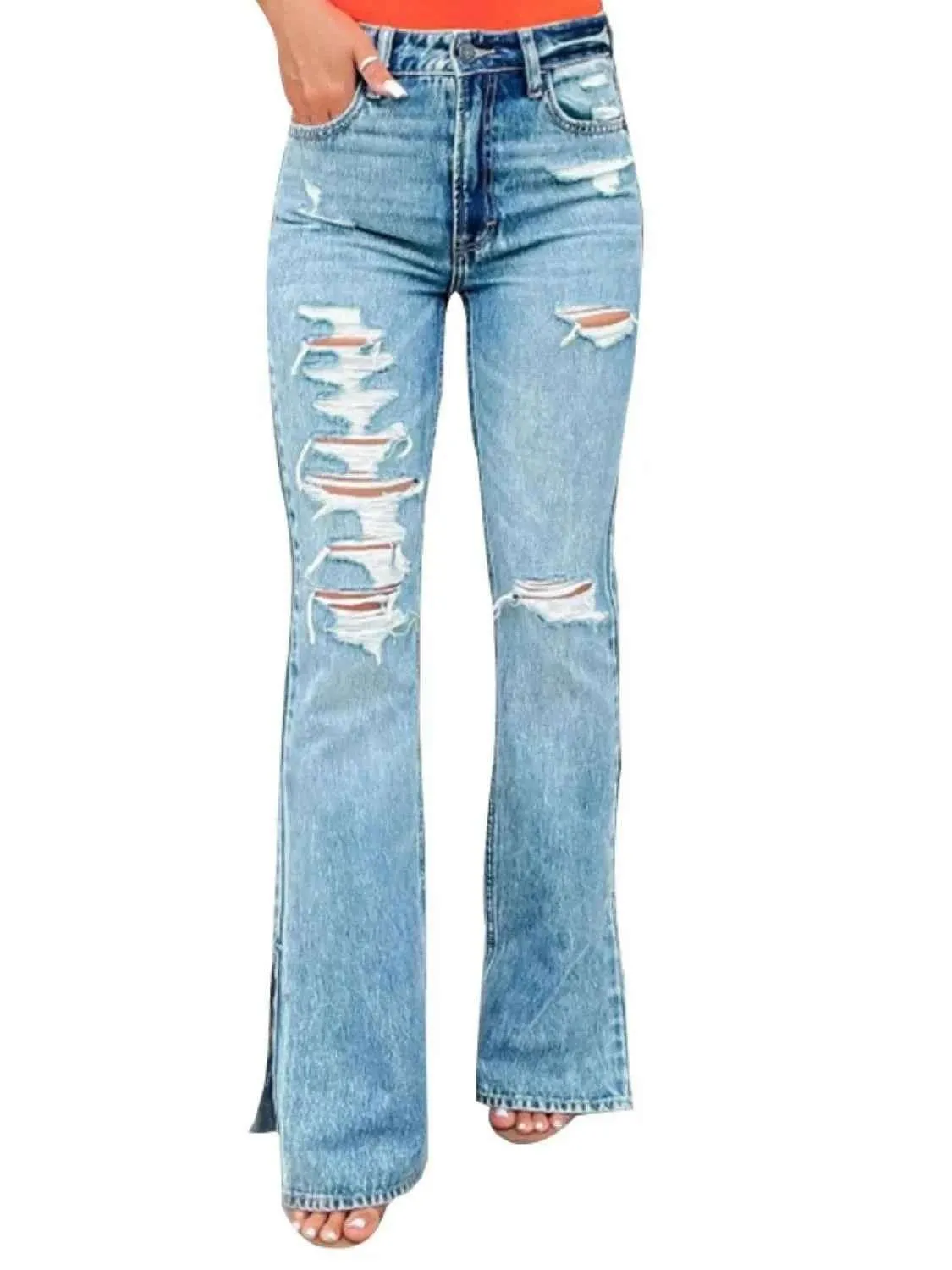Distressed Bootcut Jeans with Slit Detail