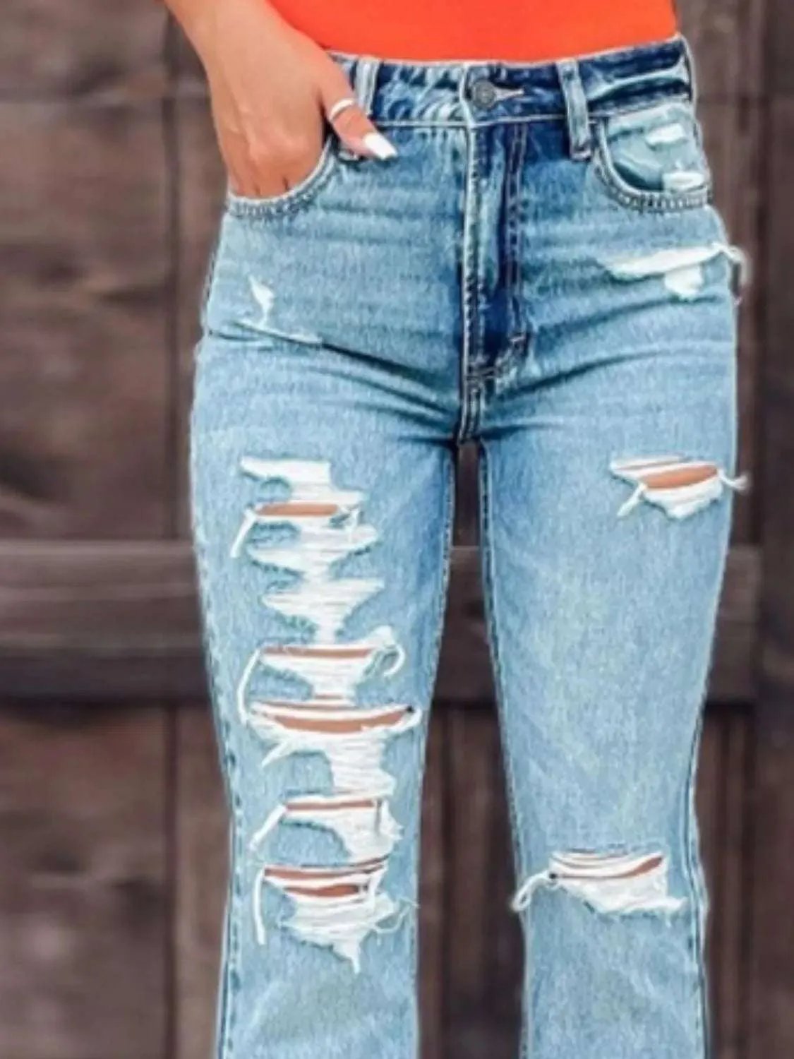 Distressed Bootcut Jeans with Slit Detail