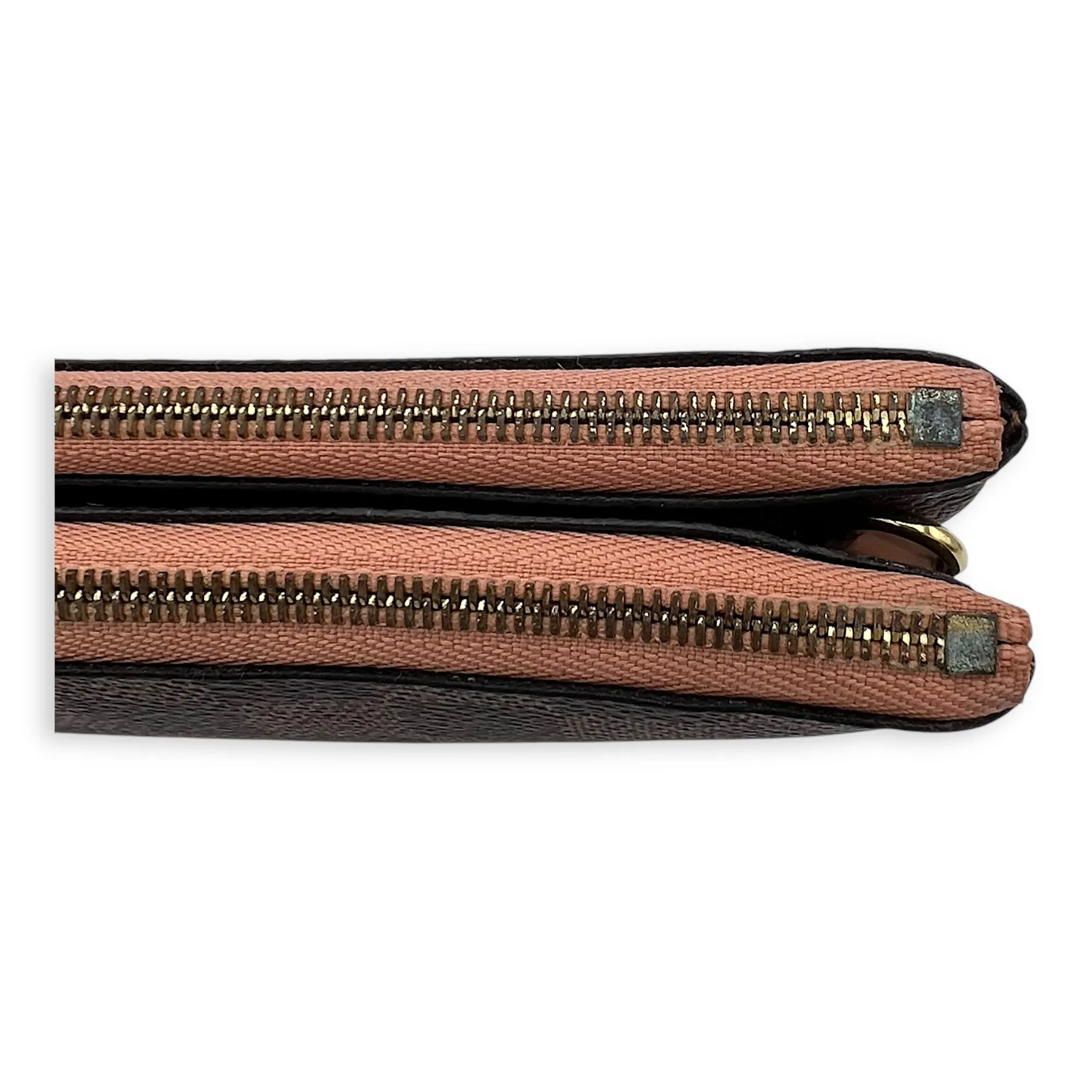 Double Pochette Messenger Crossbody Bag Brown in Coated Canvas, Gold hardware