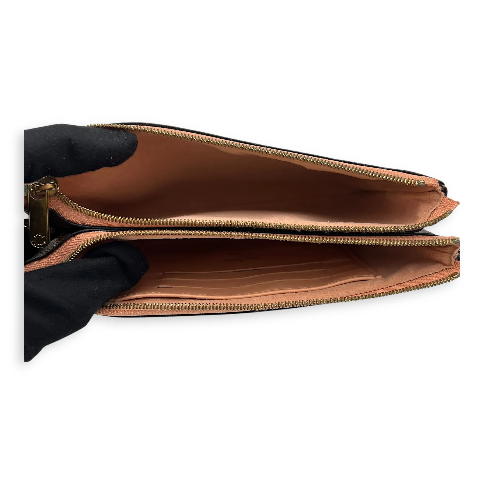 Double Pochette Messenger Crossbody Bag Brown in Coated Canvas, Gold hardware