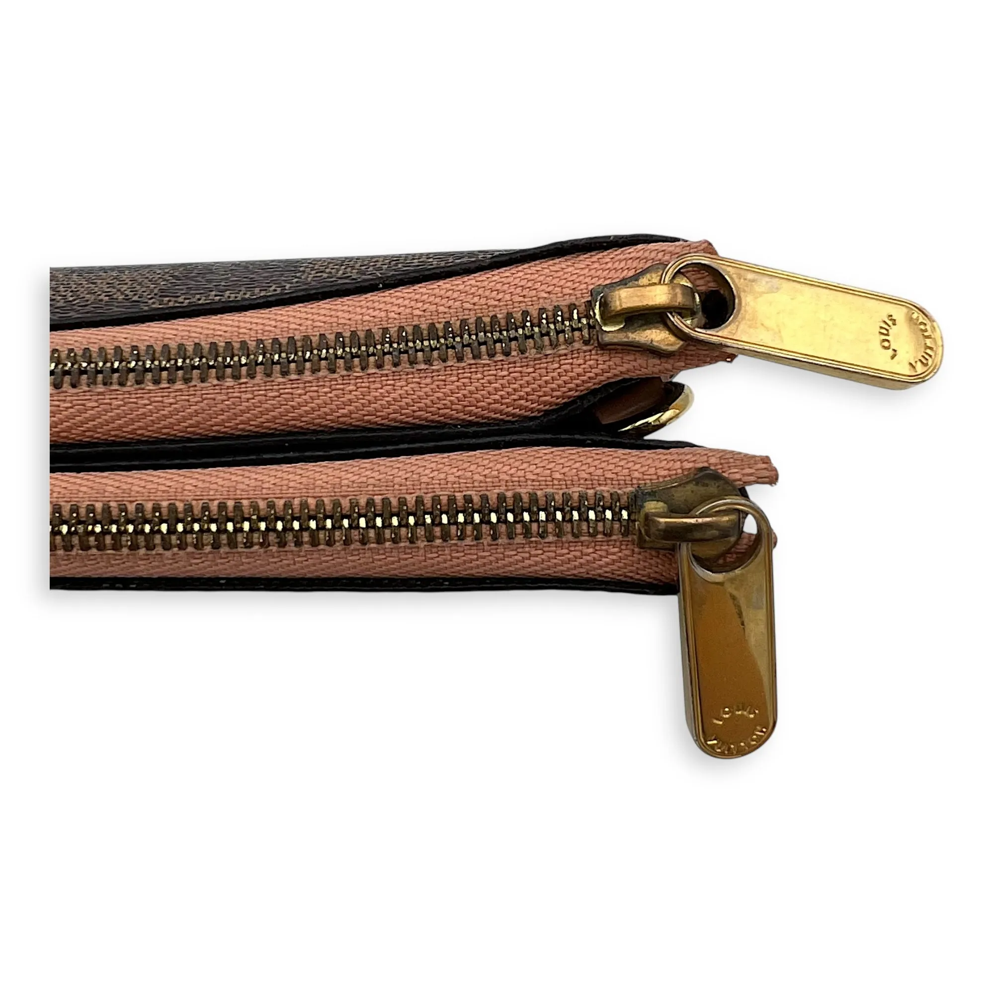 Double Pochette Messenger Crossbody Bag Brown in Coated Canvas, Gold hardware