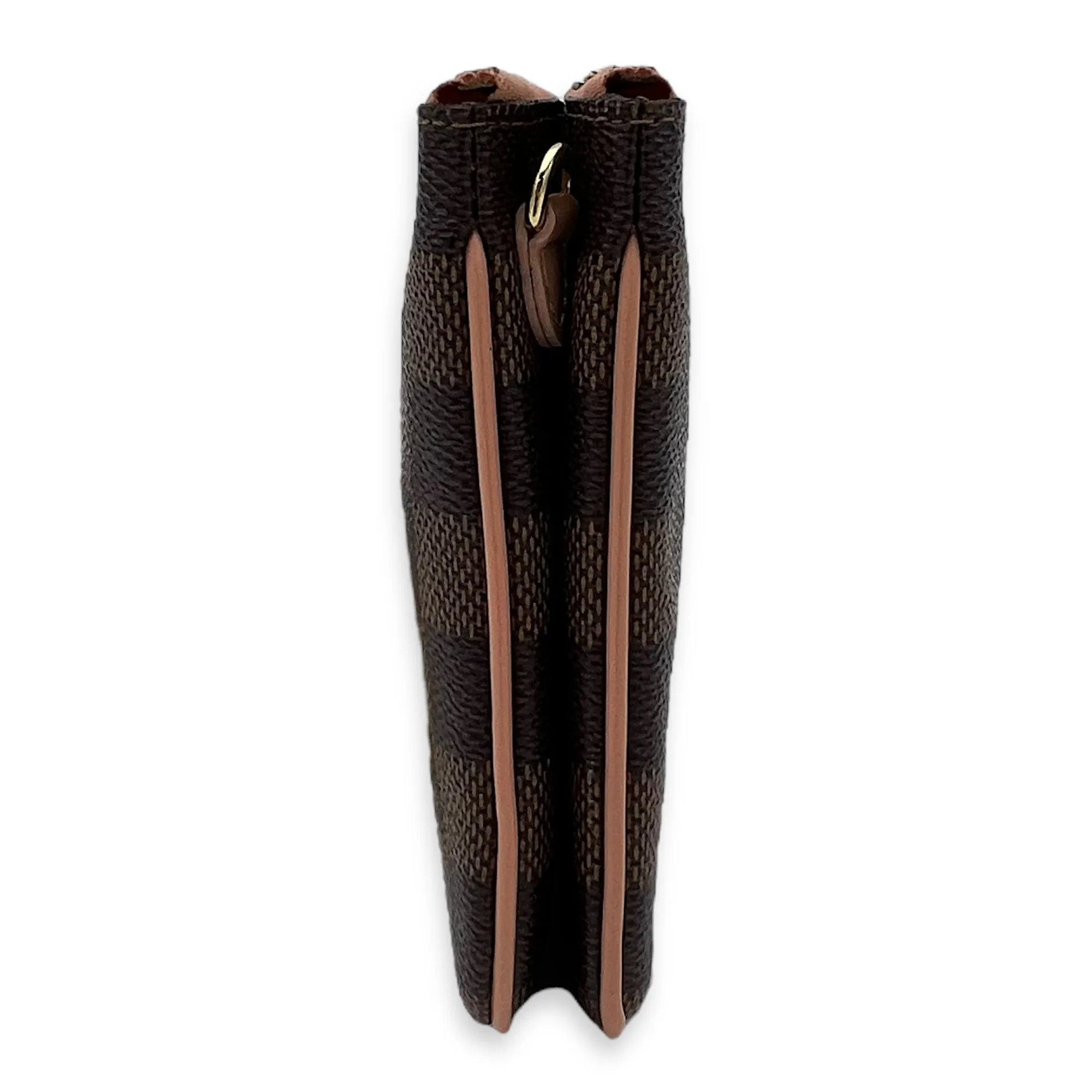 Double Pochette Messenger Crossbody Bag Brown in Coated Canvas, Gold hardware