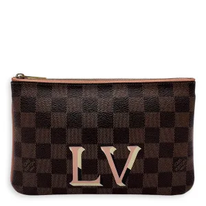 Double Pochette Messenger Crossbody Bag Brown in Coated Canvas, Gold hardware