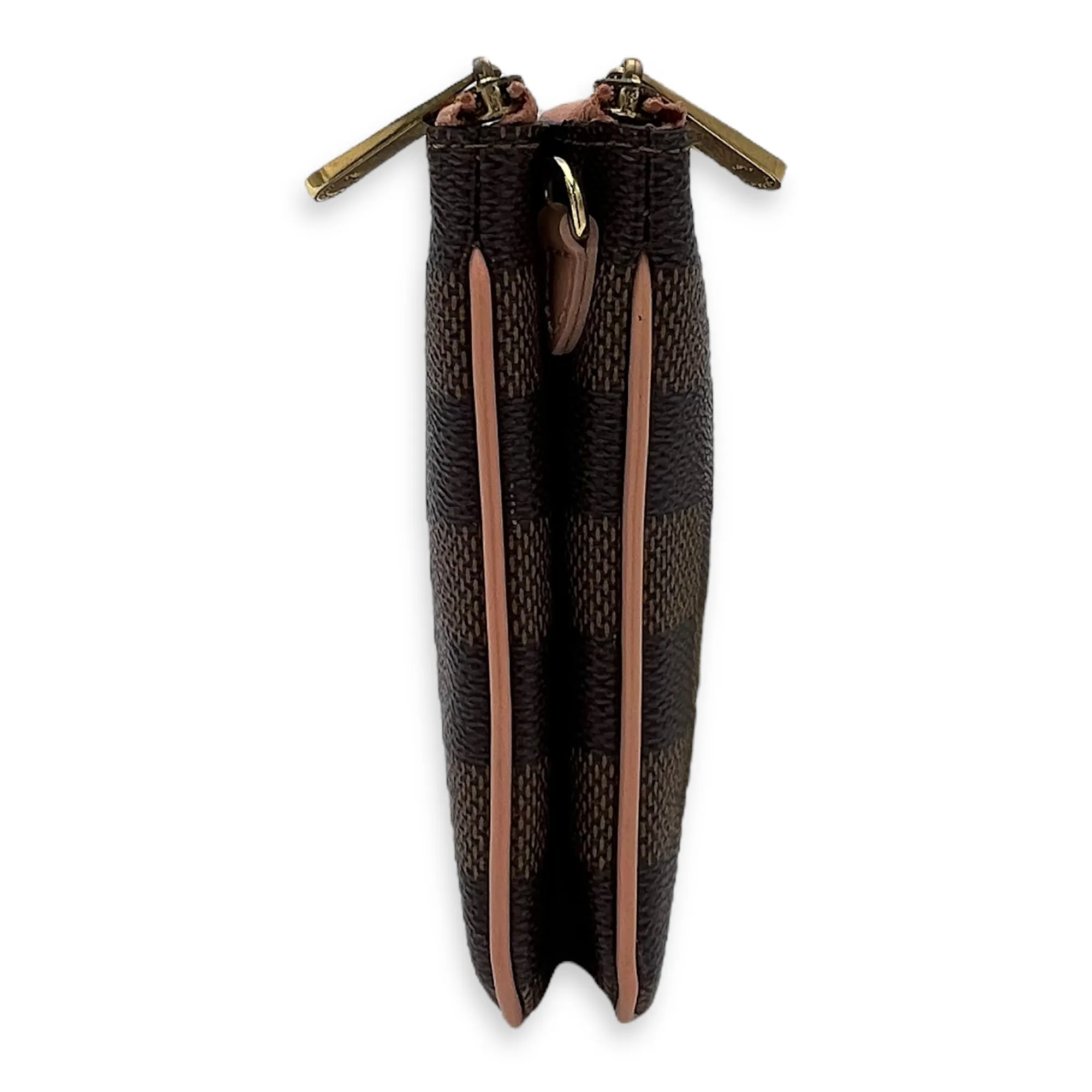 Double Pochette Messenger Crossbody Bag Brown in Coated Canvas, Gold hardware