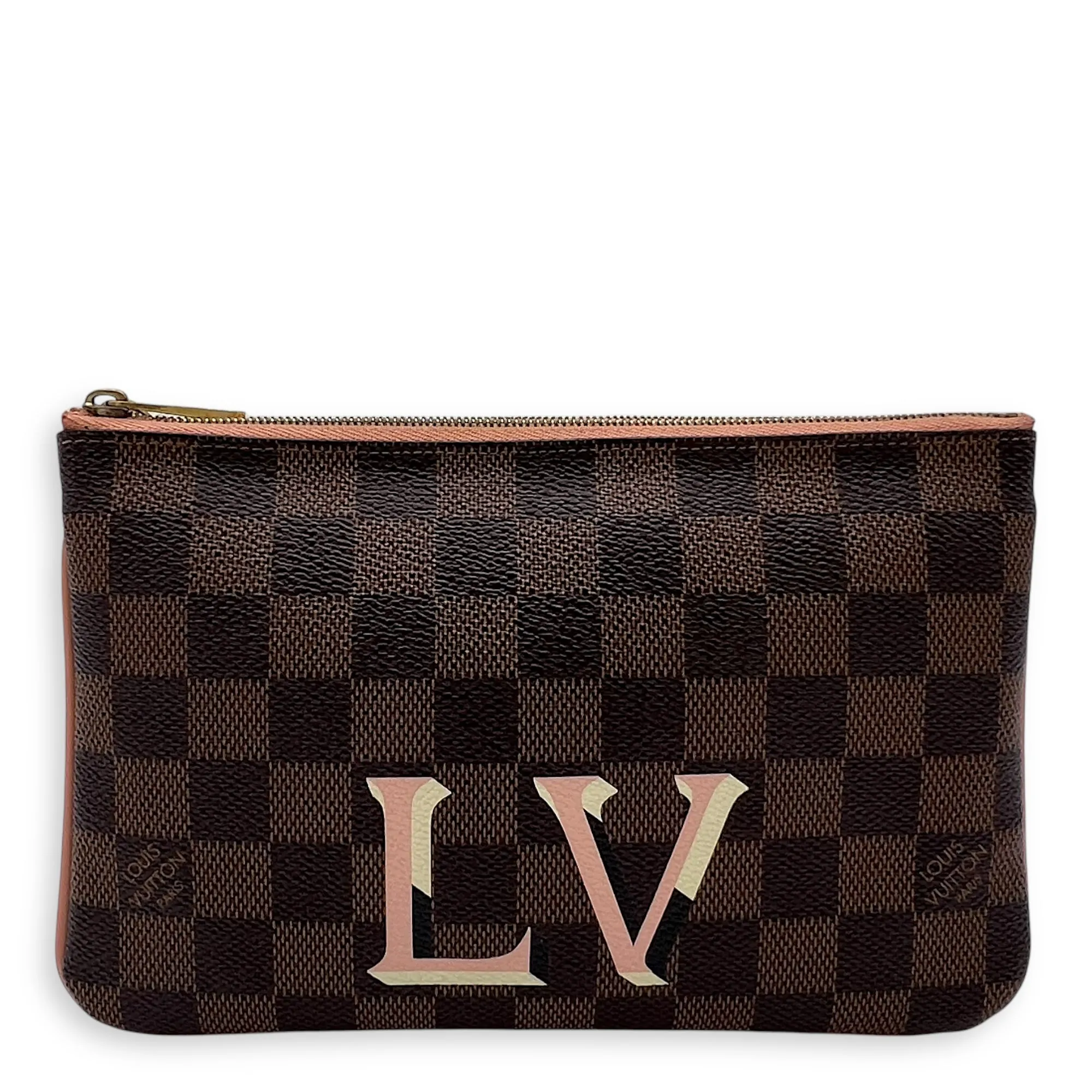 Double Pochette Messenger Crossbody Bag Brown in Coated Canvas, Gold hardware