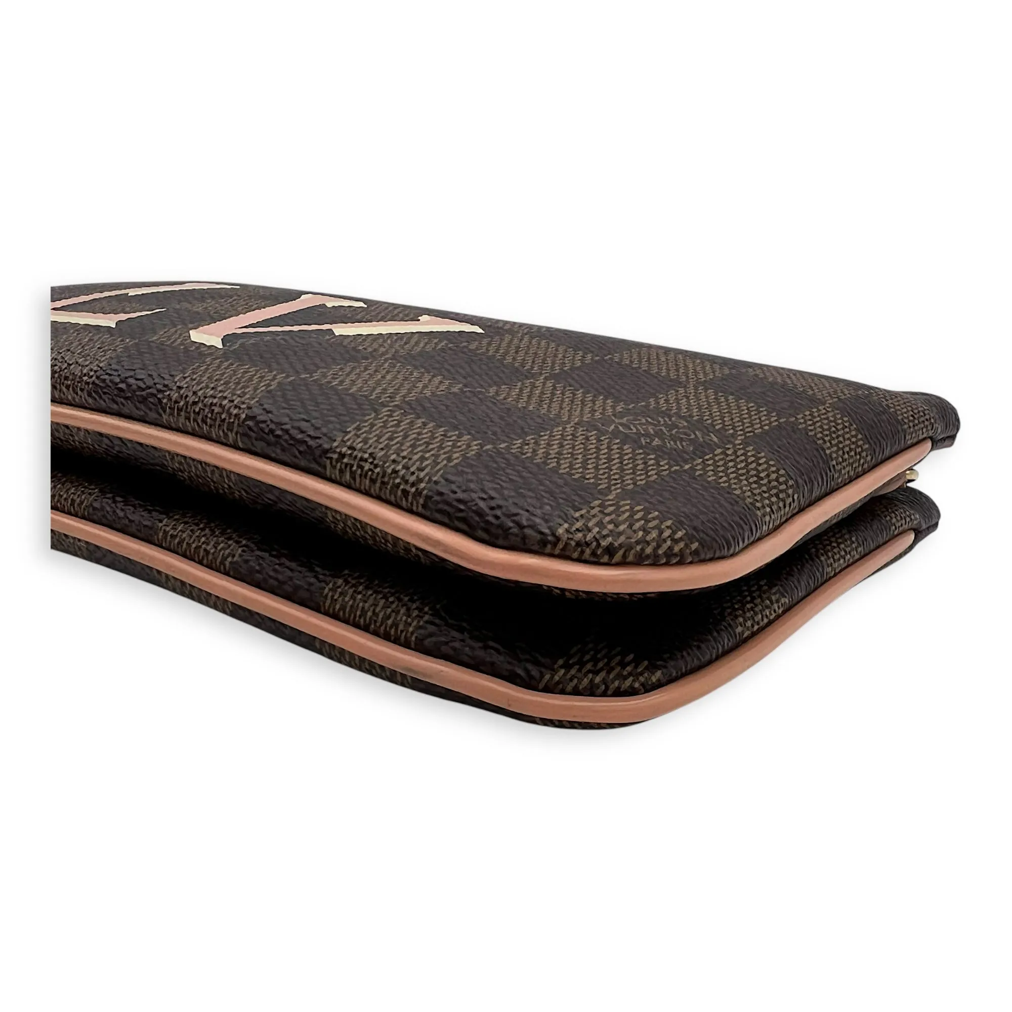 Double Pochette Messenger Crossbody Bag Brown in Coated Canvas, Gold hardware