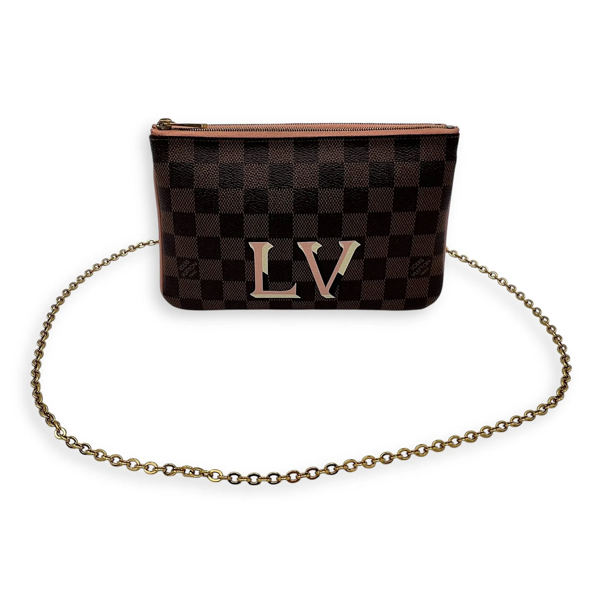 Double Pochette Messenger Crossbody Bag Brown in Coated Canvas, Gold hardware