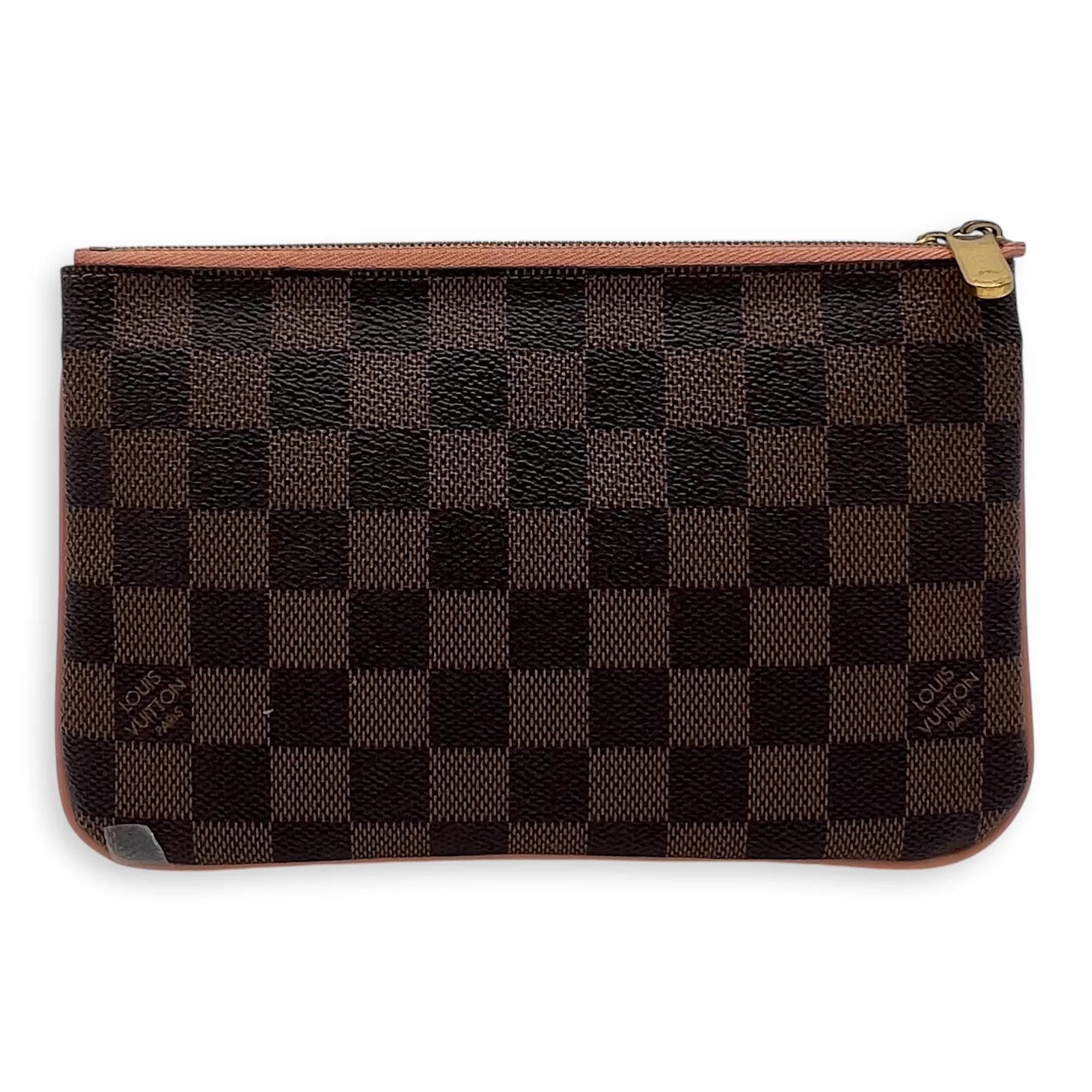 Double Pochette Messenger Crossbody Bag Brown in Coated Canvas, Gold hardware