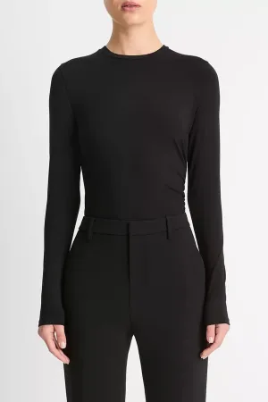 Draped Long-Sleeve Crew Neck Top in Black