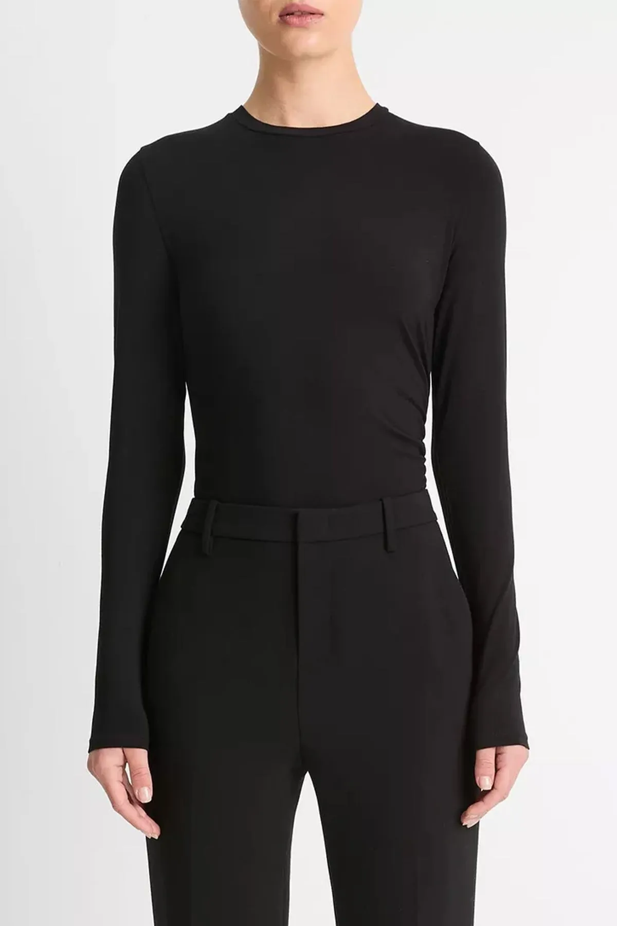 Draped Long-Sleeve Crew Neck Top in Black