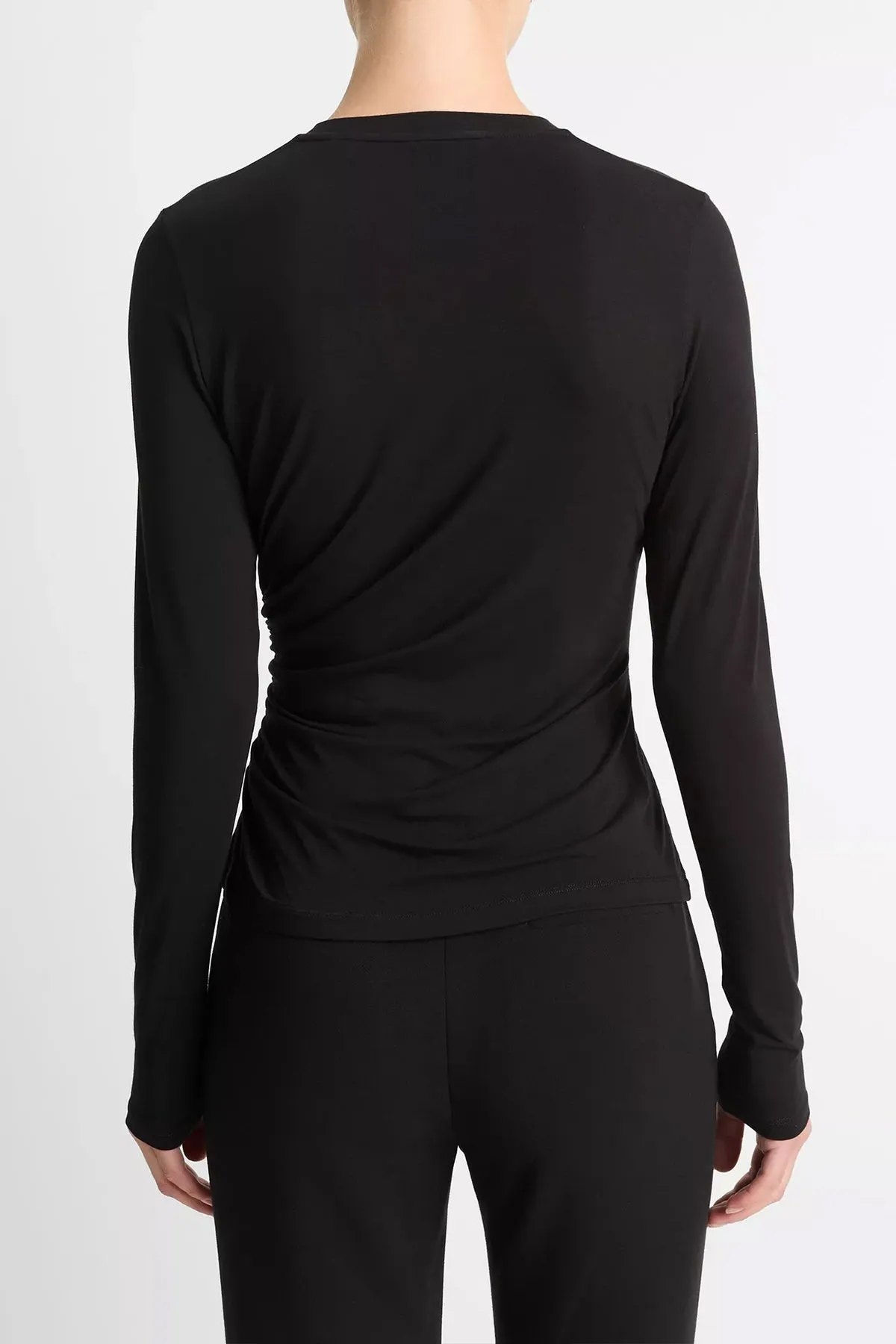 Draped Long-Sleeve Crew Neck Top in Black