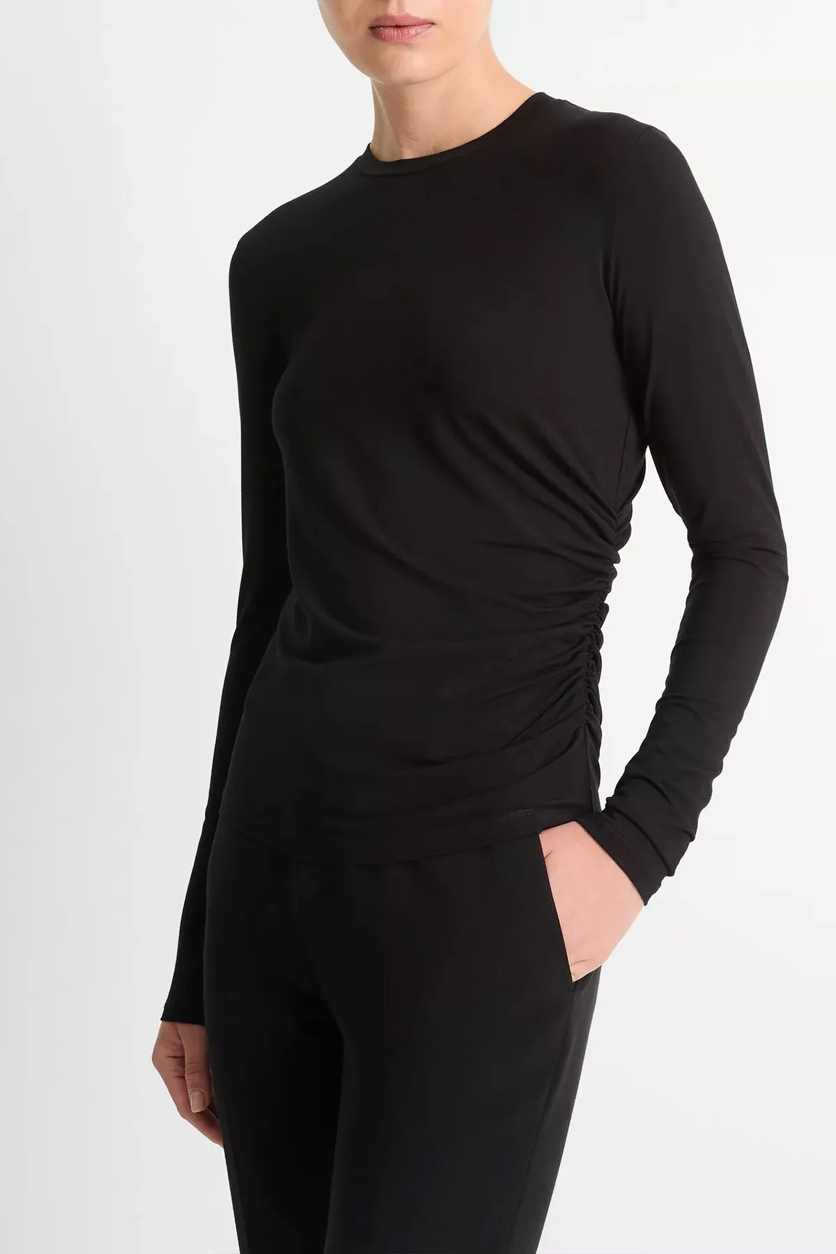 Draped Long-Sleeve Crew Neck Top in Black