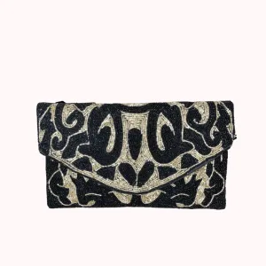 ELEGANT BLACK AND GOLD BEADED CLUTCH