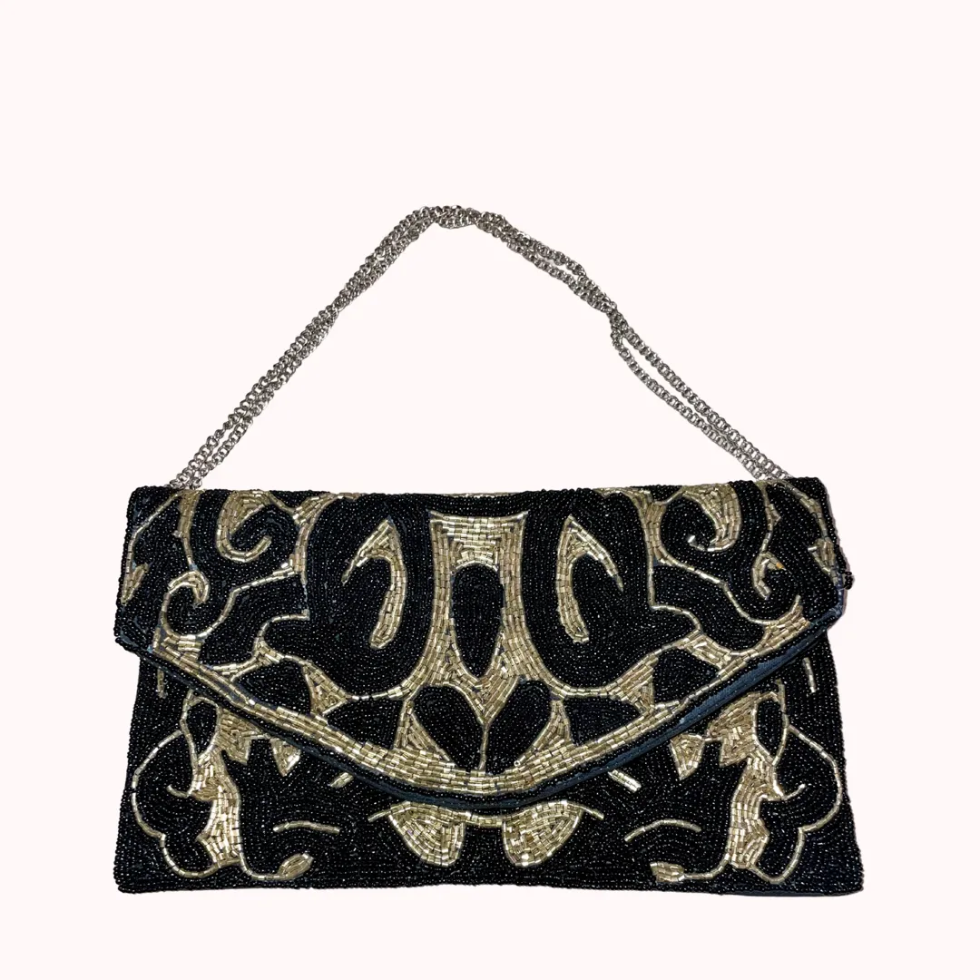 ELEGANT BLACK AND GOLD BEADED CLUTCH