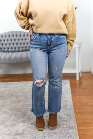 Elphie High Rise Crop Bootcut Frayed Risen Jeans - Medium Wash