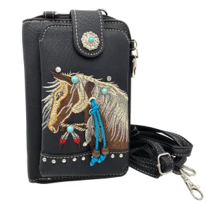 Embroidered Horse Crossbody Western Phone Wallet: Black