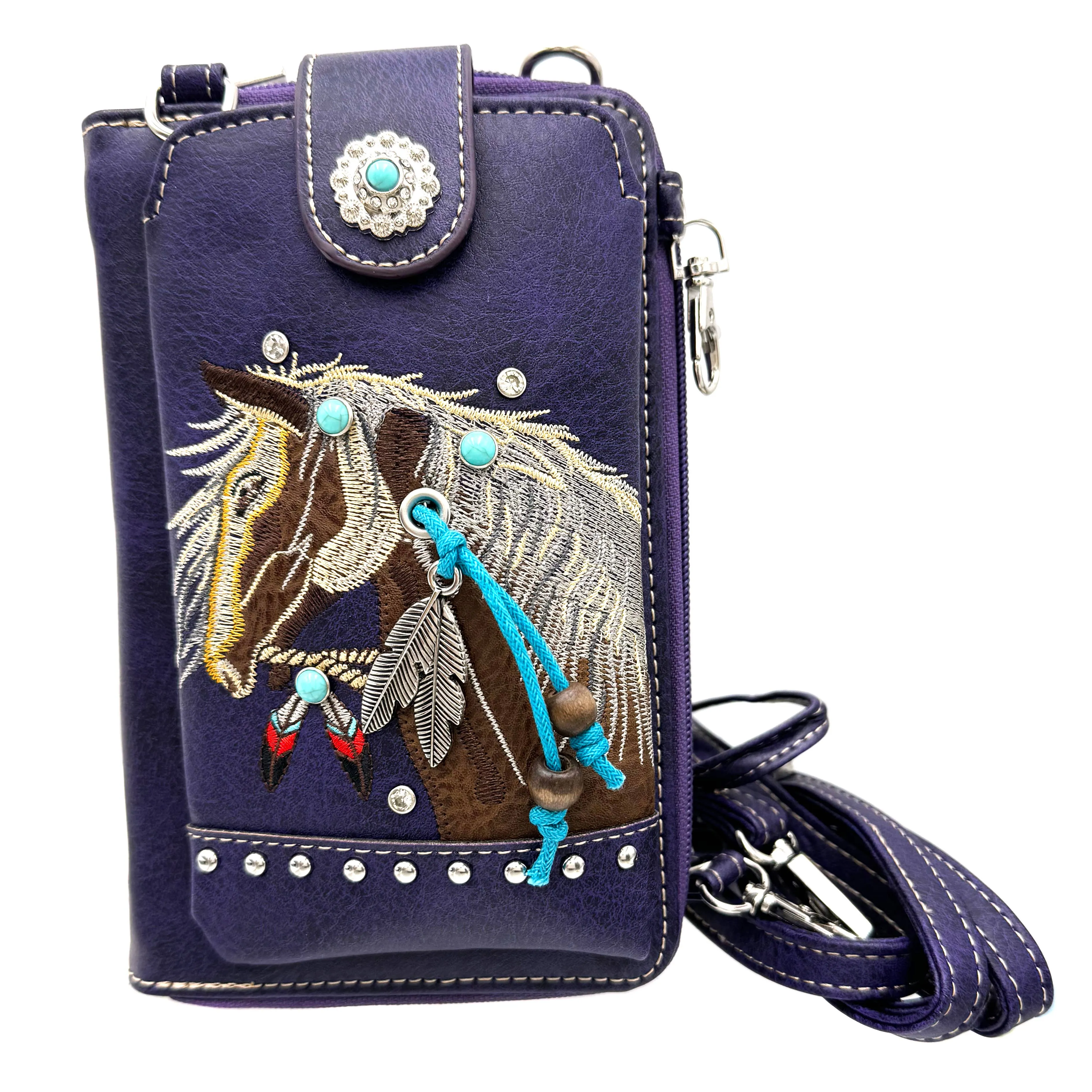 Embroidered Horse Crossbody Western Phone Wallet: Black