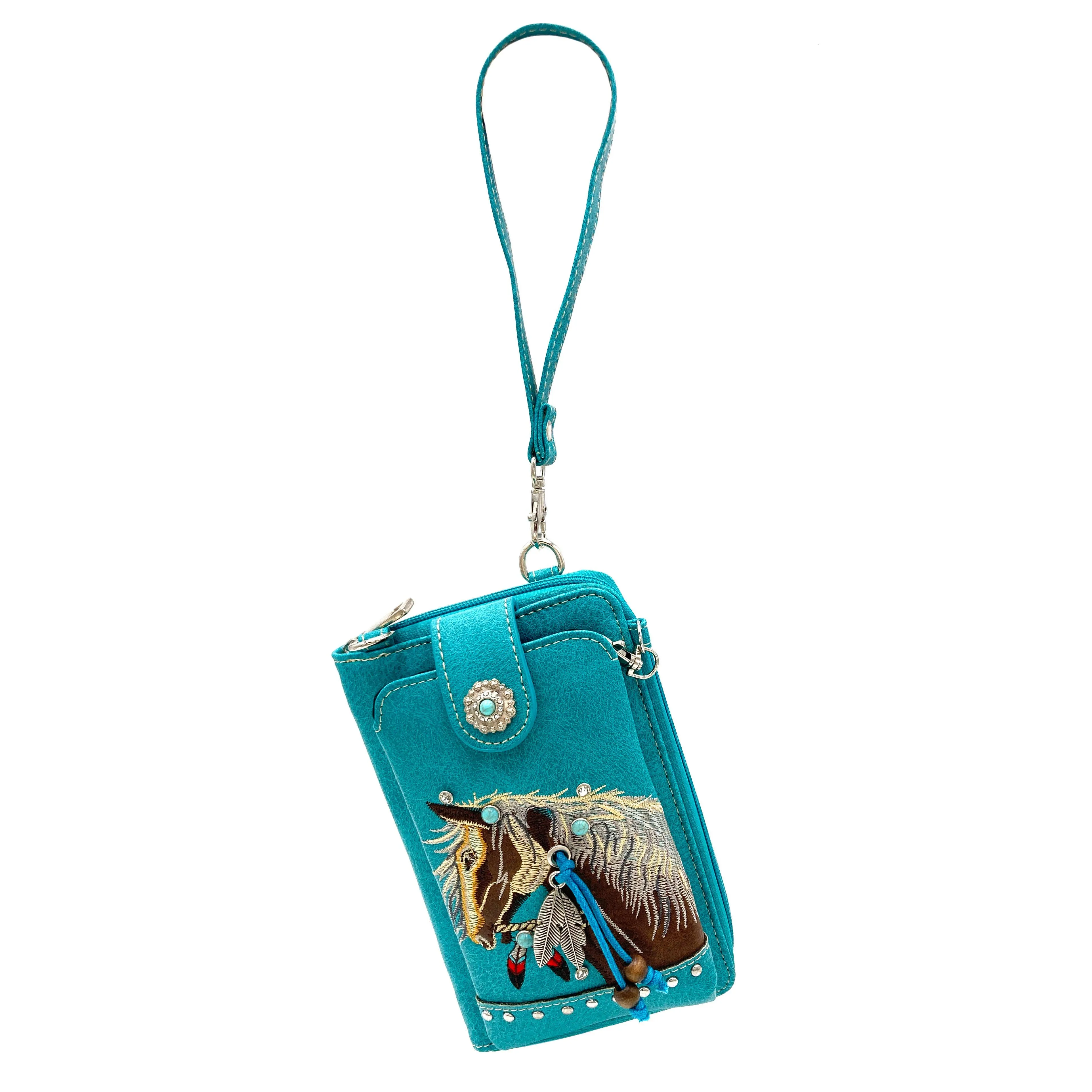 Embroidered Horse Crossbody Western Phone Wallet: Black