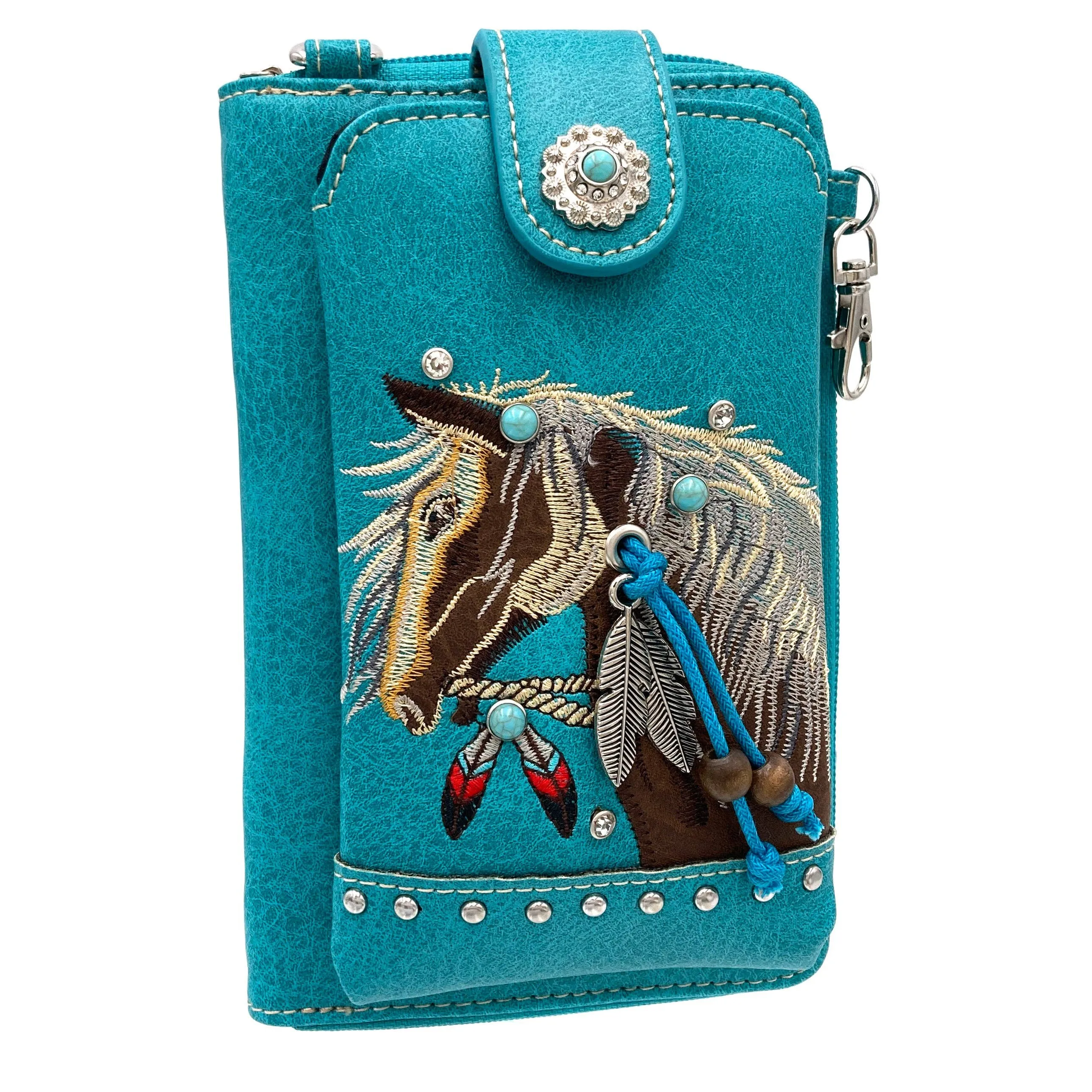 Embroidered Horse Crossbody Western Phone Wallet: Black