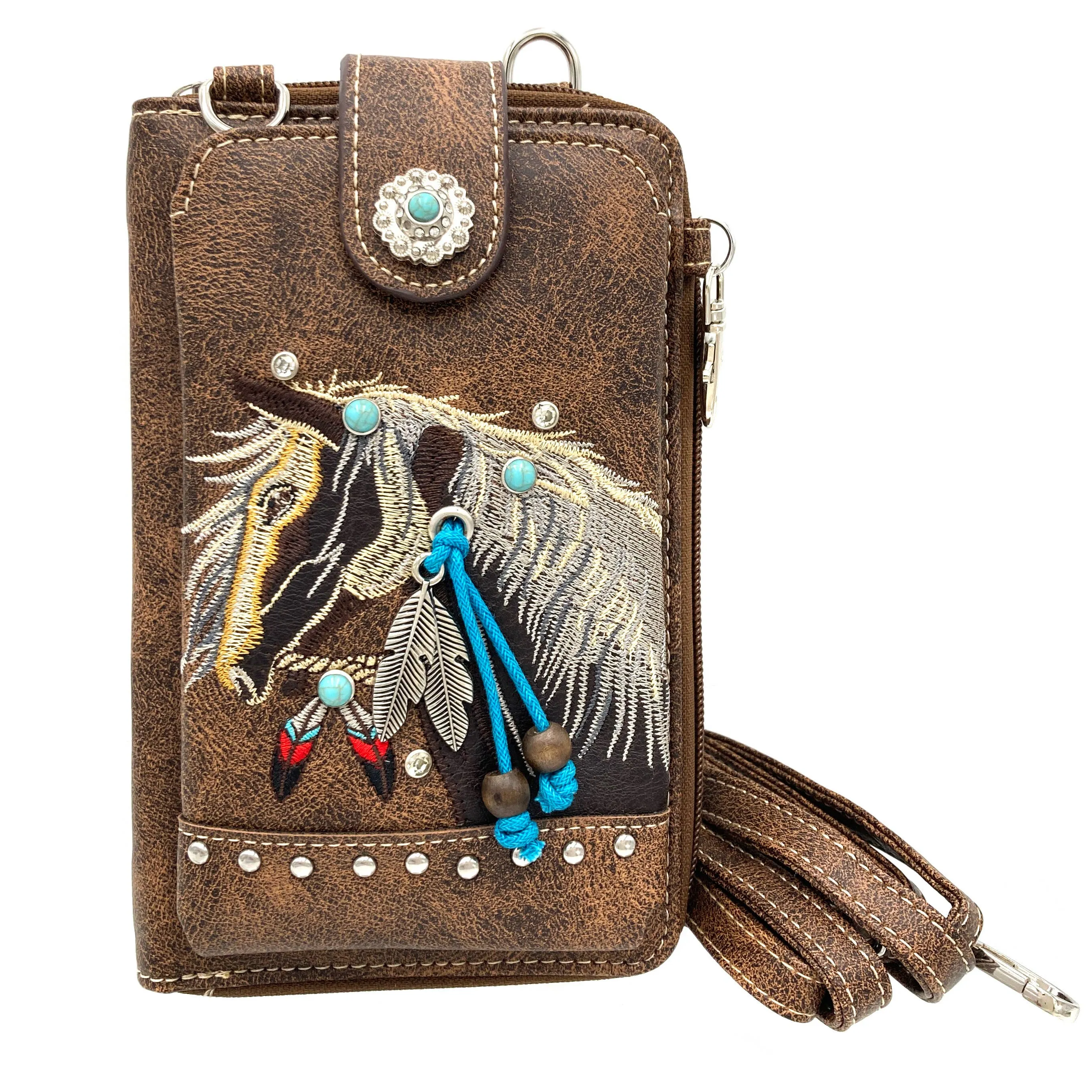 Embroidered Horse Crossbody Western Phone Wallet: Black