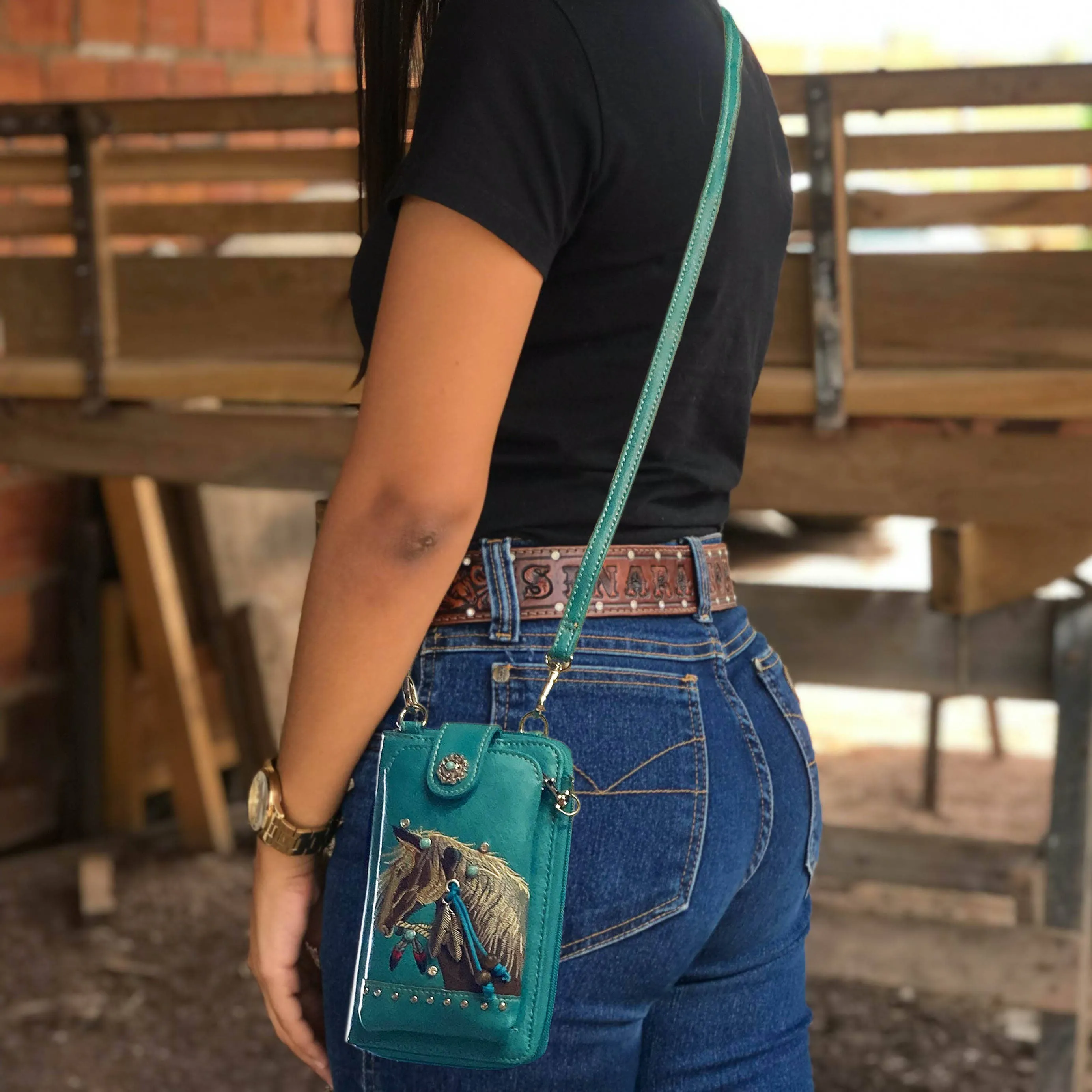 Embroidered Horse Crossbody Western Phone Wallet: Black