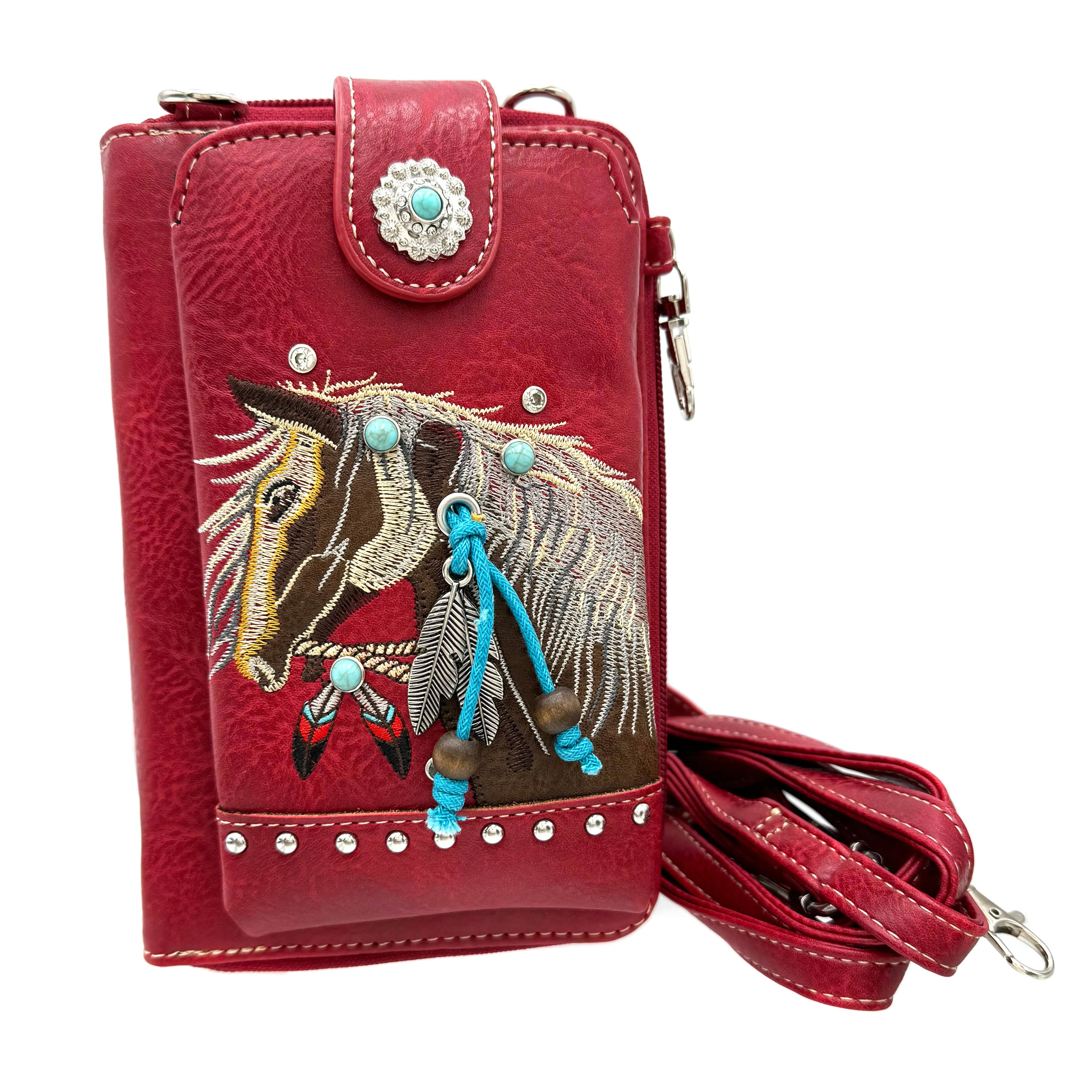 Embroidered Horse Crossbody Western Phone Wallet: Black