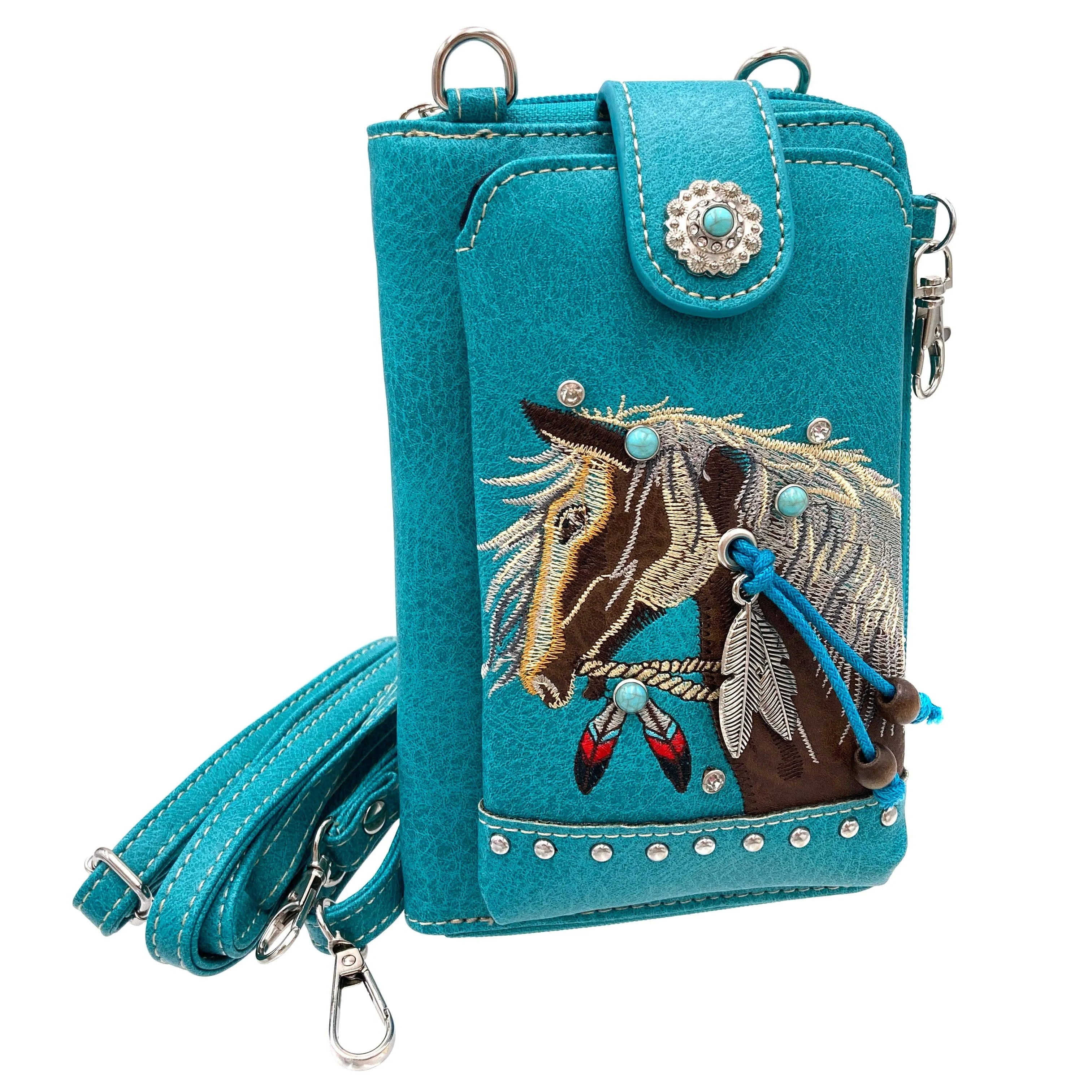 Embroidered Horse Crossbody Western Phone Wallet: Black
