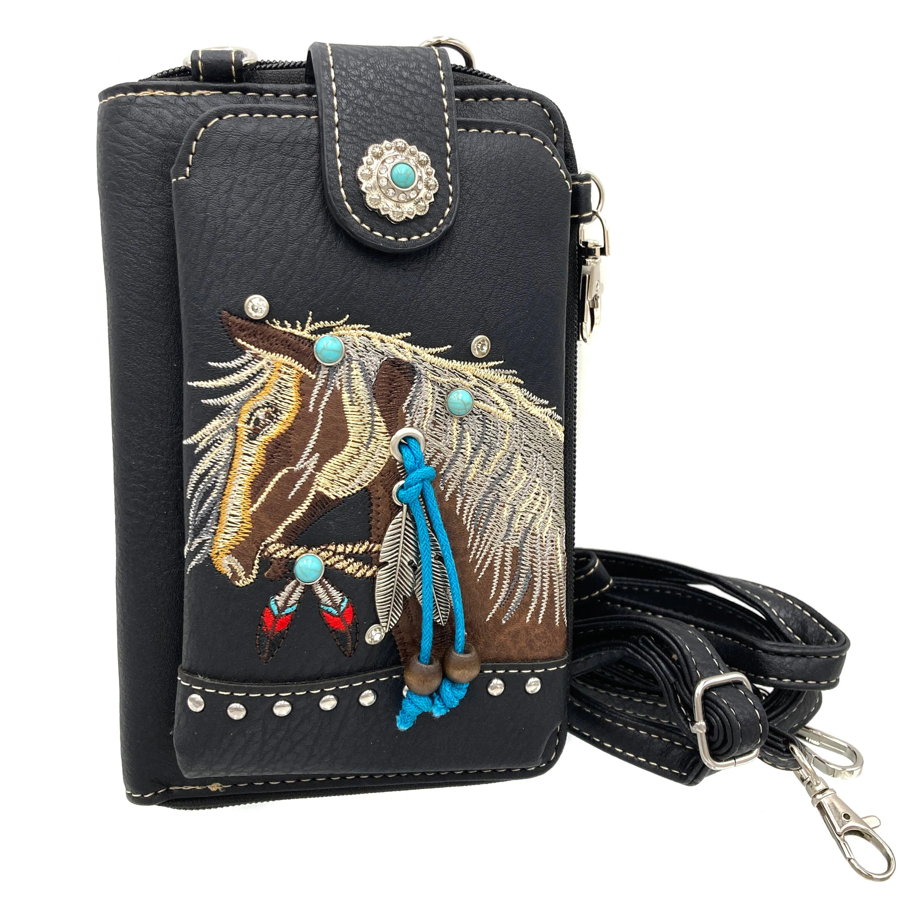 Embroidered Horse Crossbody Western Phone Wallet: Black