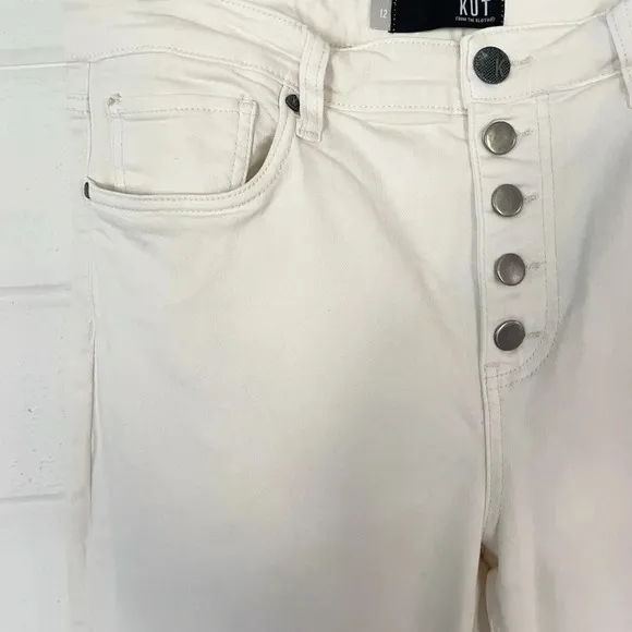 EUC Kut from the Kloth Kelsey High Rise Button Fly Kick Flare Jeans in Ecru 12