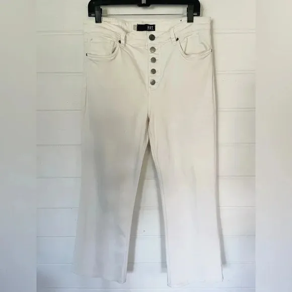EUC Kut from the Kloth Kelsey High Rise Button Fly Kick Flare Jeans in Ecru 12