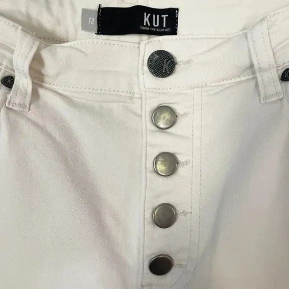 EUC Kut from the Kloth Kelsey High Rise Button Fly Kick Flare Jeans in Ecru 12