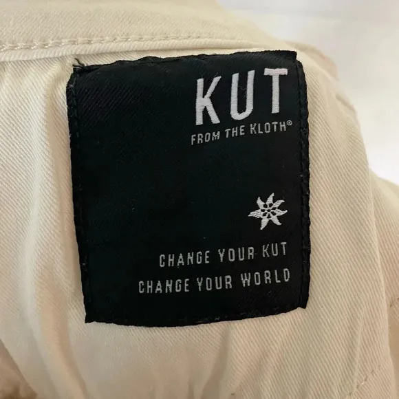 EUC Kut from the Kloth Kelsey High Rise Button Fly Kick Flare Jeans in Ecru 12
