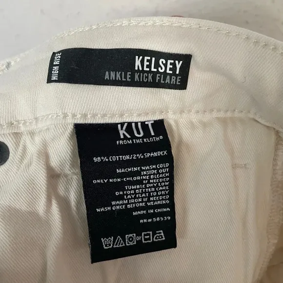 EUC Kut from the Kloth Kelsey High Rise Button Fly Kick Flare Jeans in Ecru 12