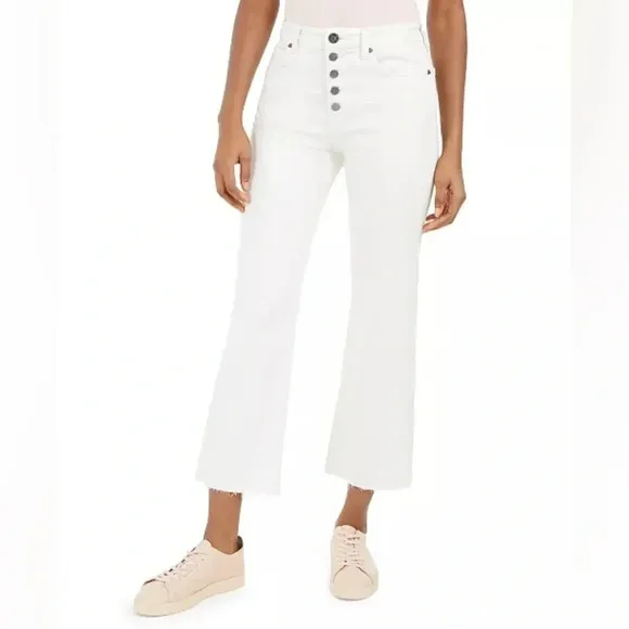 EUC Kut from the Kloth Kelsey High Rise Button Fly Kick Flare Jeans in Ecru 12