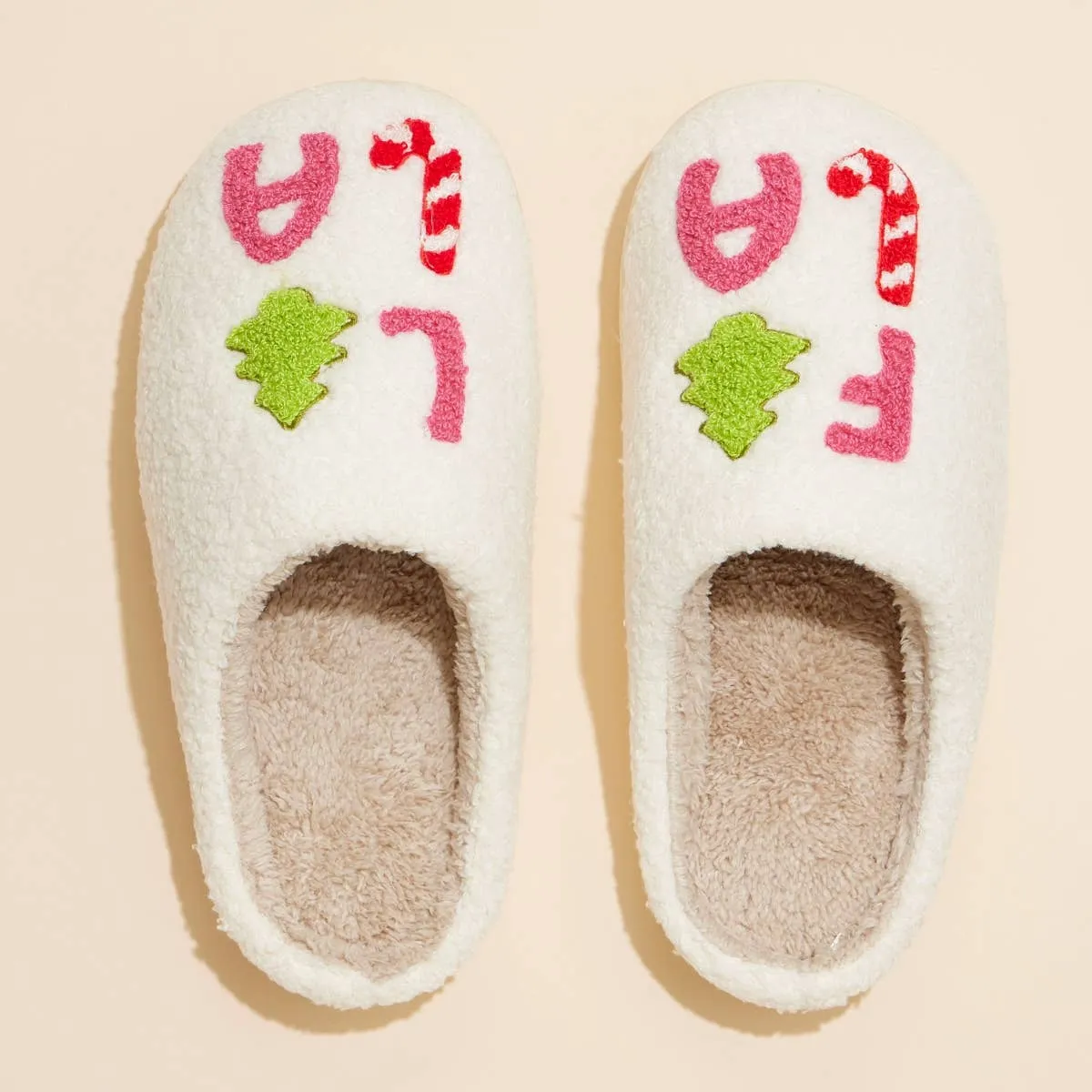 ‘FALALALA’ Tree Fuzzy Home Slippers: Pink