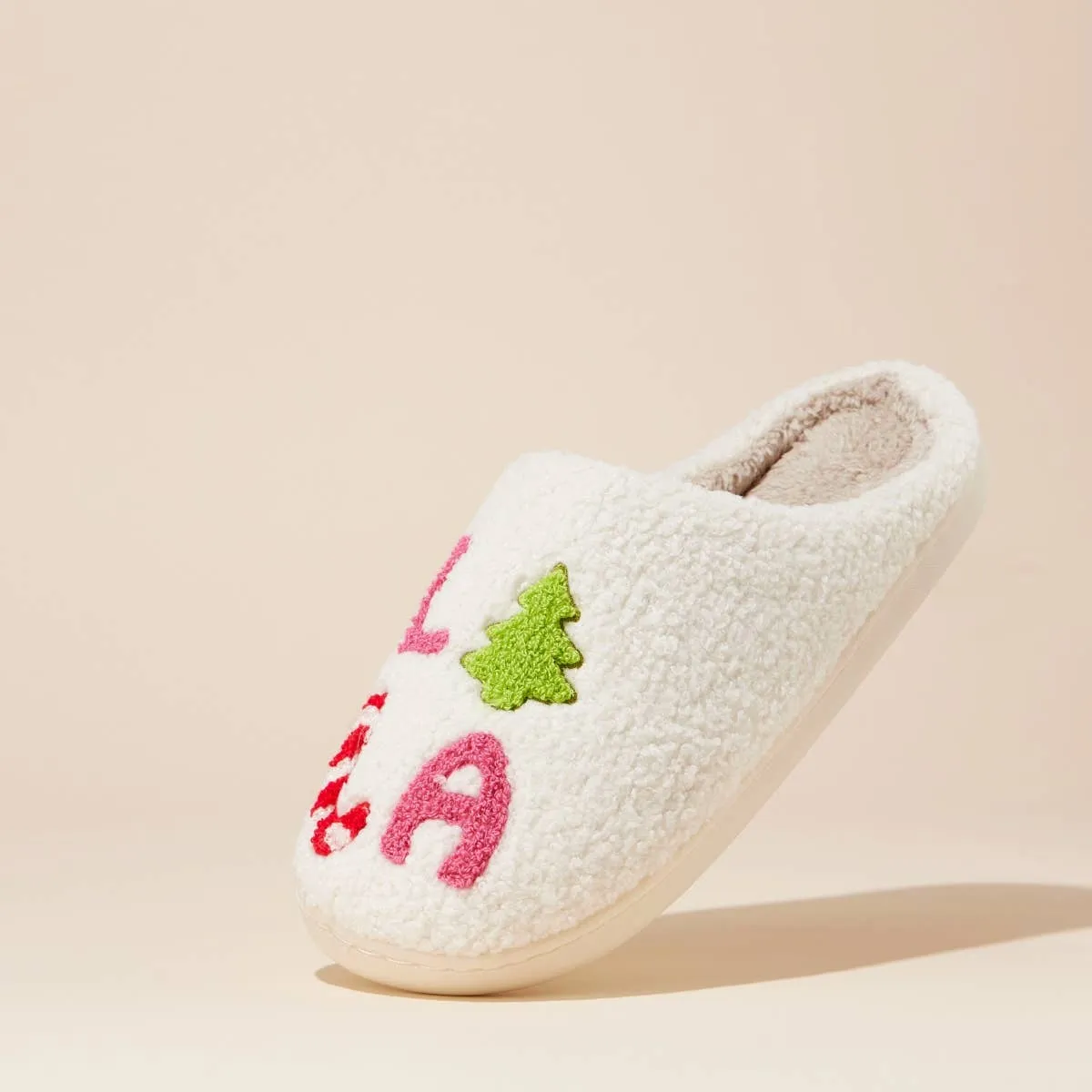‘FALALALA’ Tree Fuzzy Home Slippers: Pink