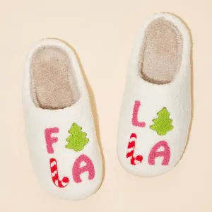 ‘FALALALA’ Tree Fuzzy Home Slippers: Pink