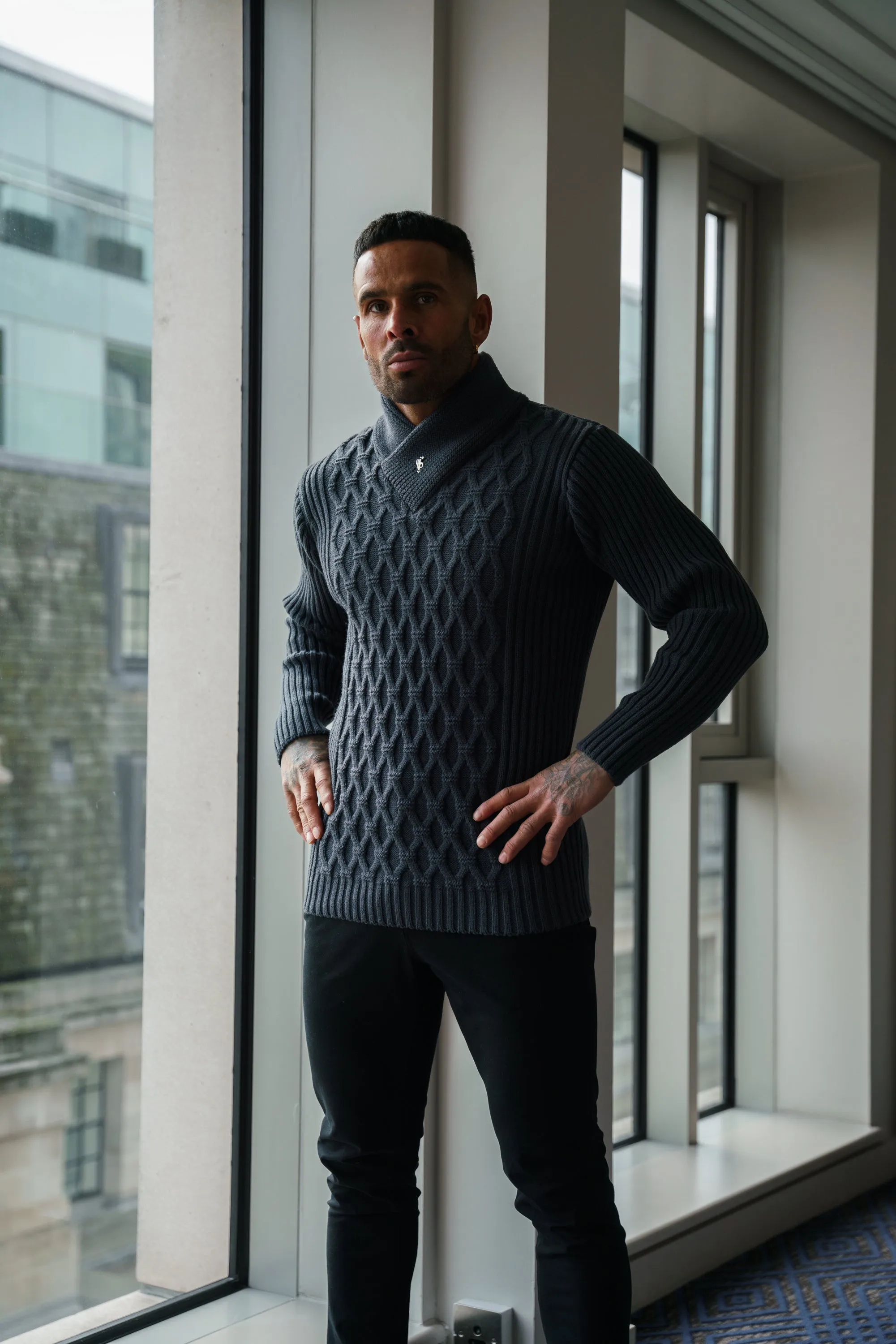 Father Sons Chunky Cable Knit Gun Powder / Charcoal Sweater - FSJ065