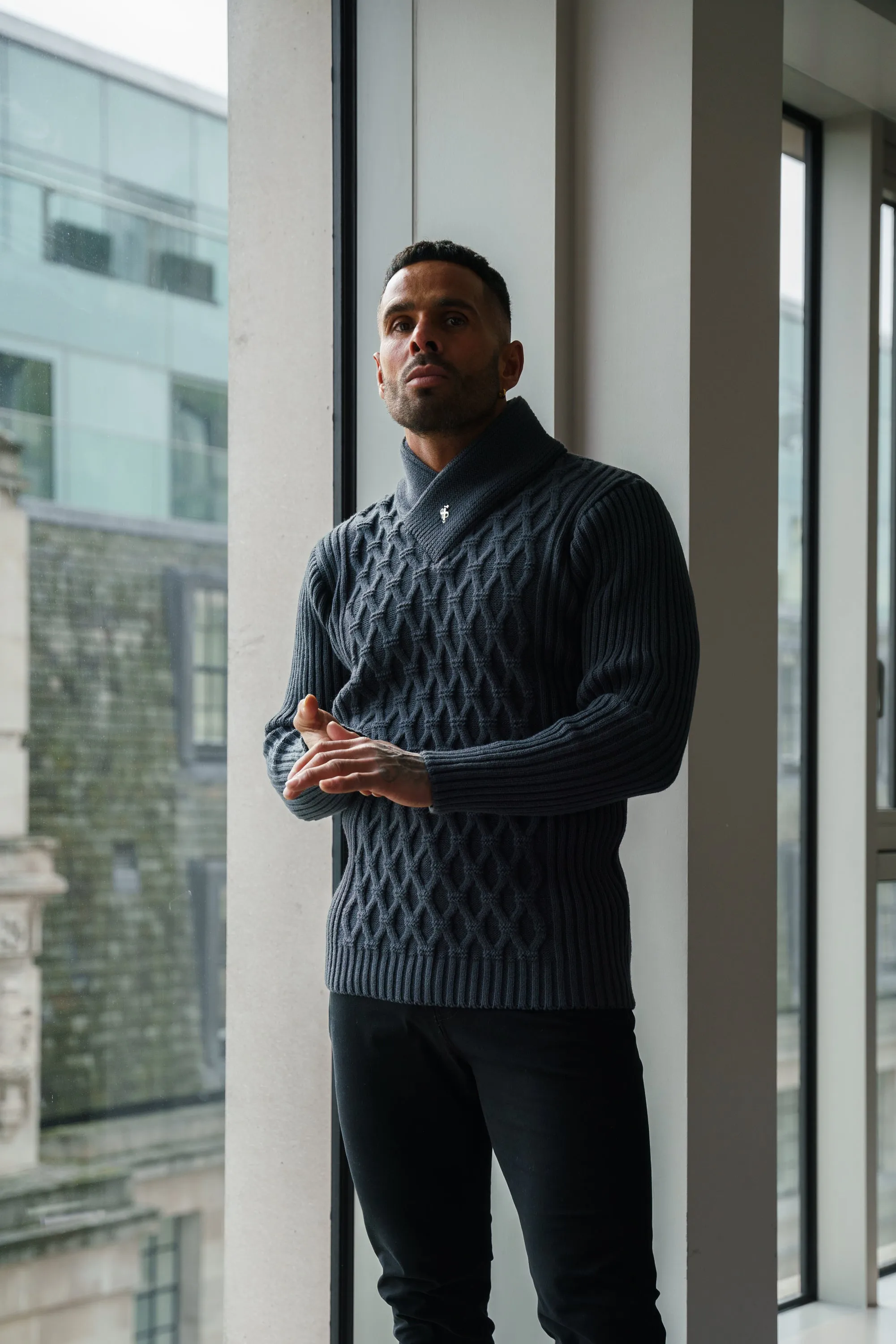 Father Sons Chunky Cable Knit Gun Powder / Charcoal Sweater - FSJ065