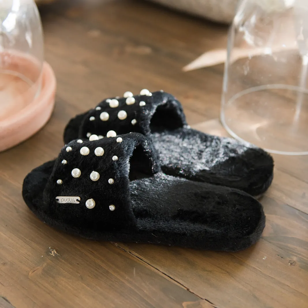 Faux Fur Pearl Slide Slippers | Black