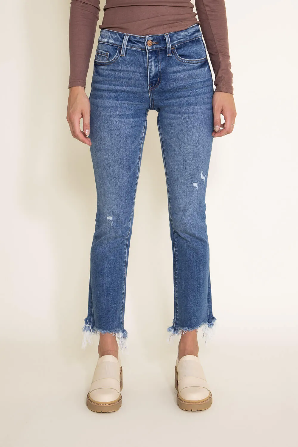 Flying Monkey Mid-Rise Destructed Hem Crop Bootcut Jeans for Women | F5011