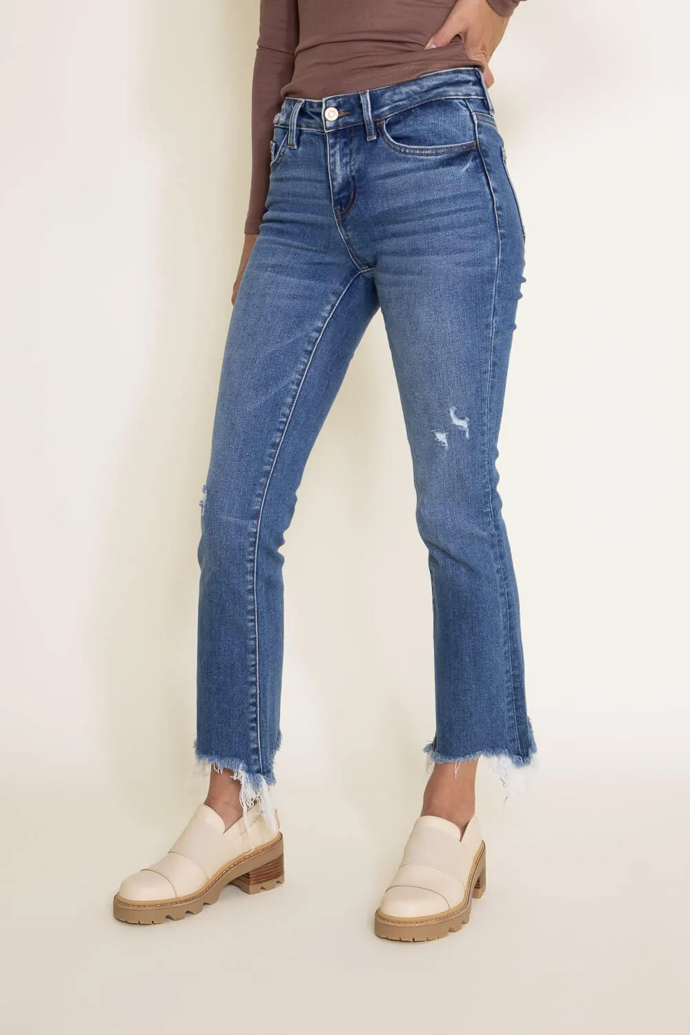 Flying Monkey Mid-Rise Destructed Hem Crop Bootcut Jeans for Women | F5011