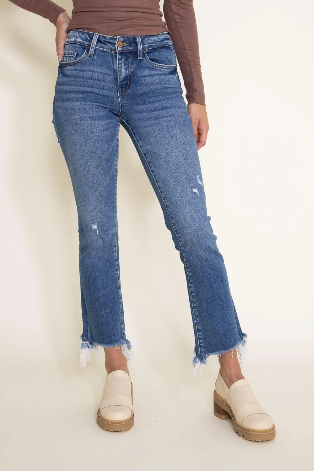 Flying Monkey Mid-Rise Destructed Hem Crop Bootcut Jeans for Women | F5011