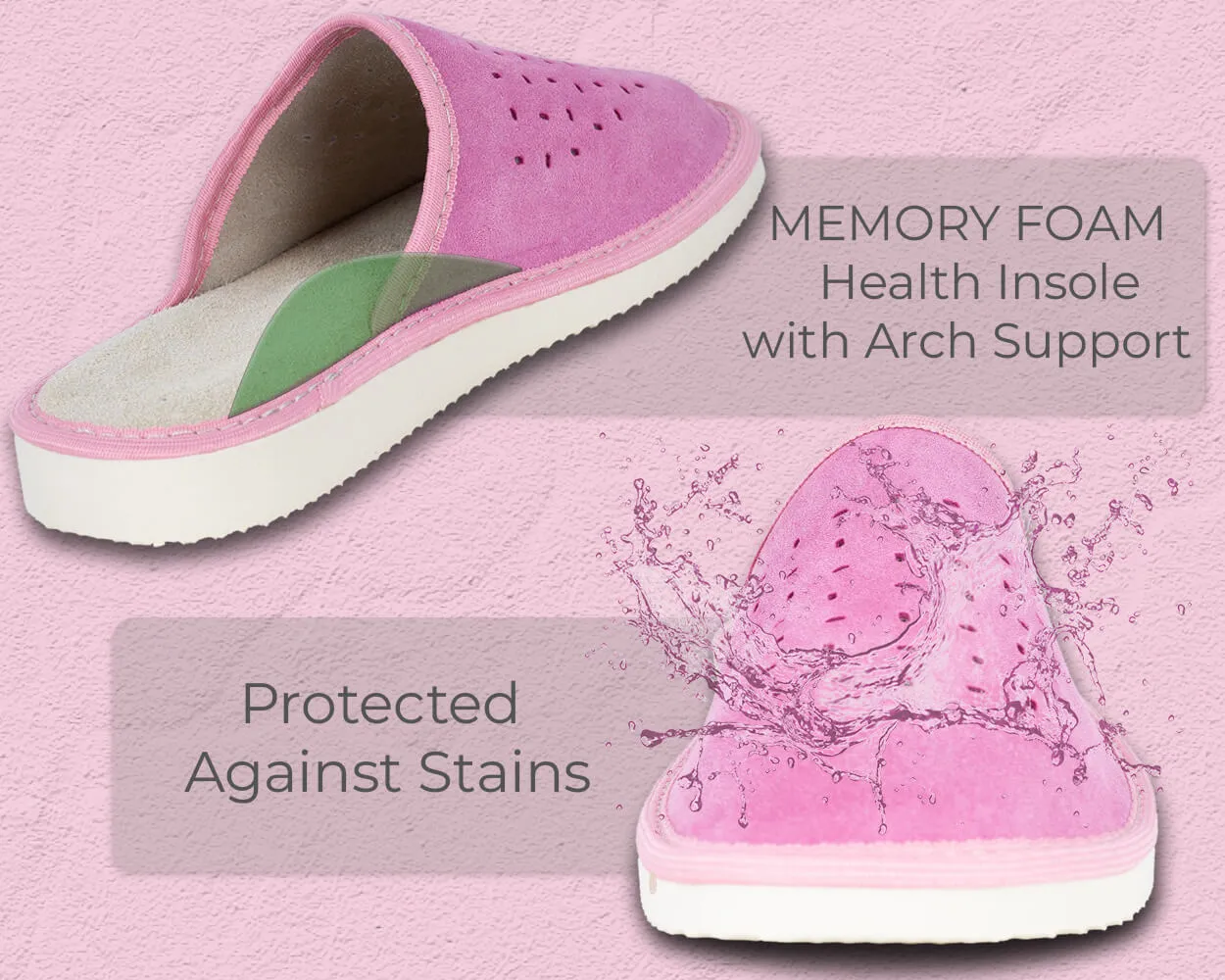 FOOTHUGS Women's Natural Leather Mule Slippers with Memory Foam Health Insole - Pink