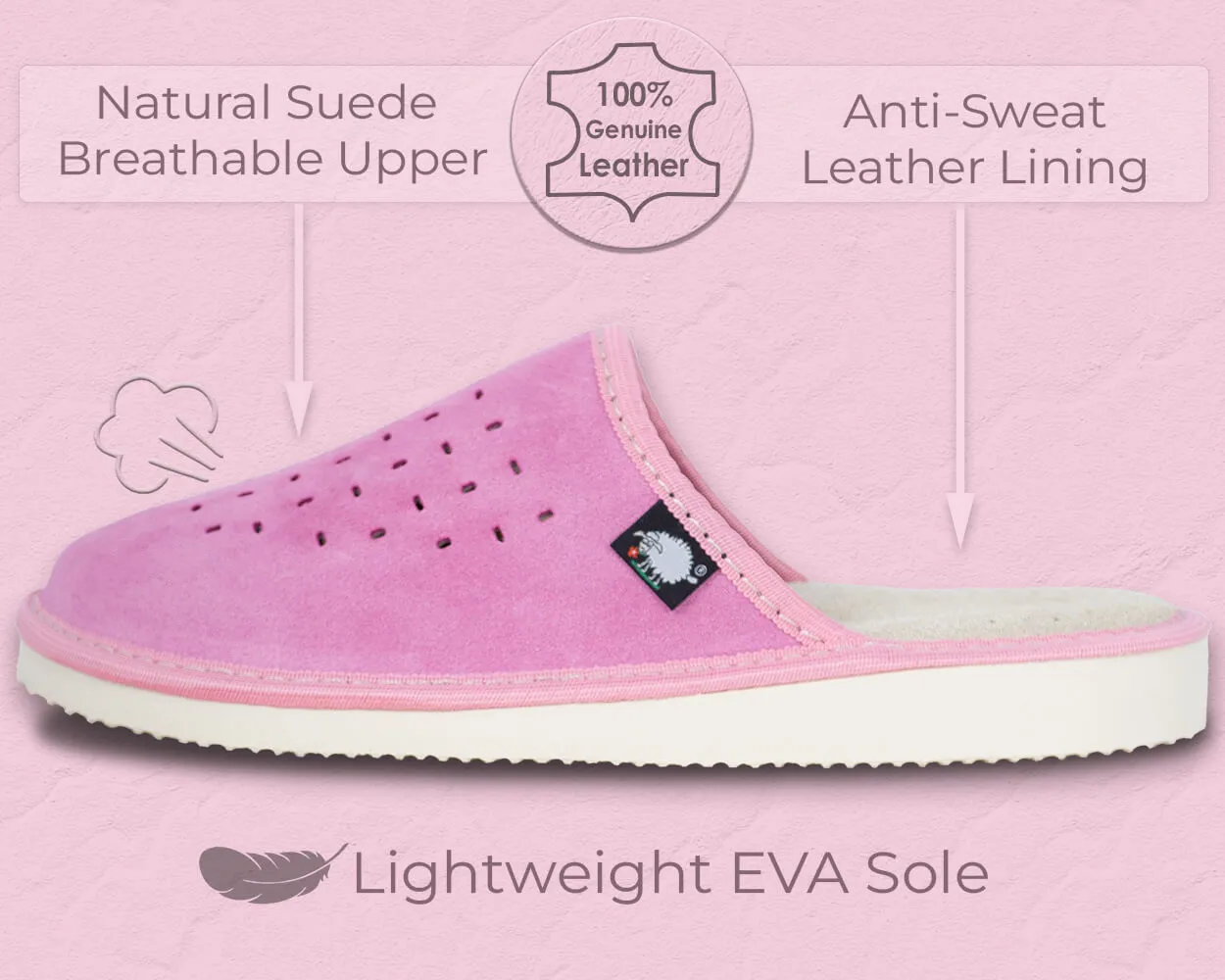 FOOTHUGS Women's Natural Leather Mule Slippers with Memory Foam Health Insole - Pink