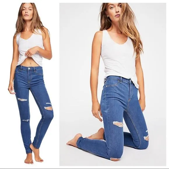 Free People Super Skinny Jeans Womens Distressed High Rise Denim Blue Sz 29 NWT
