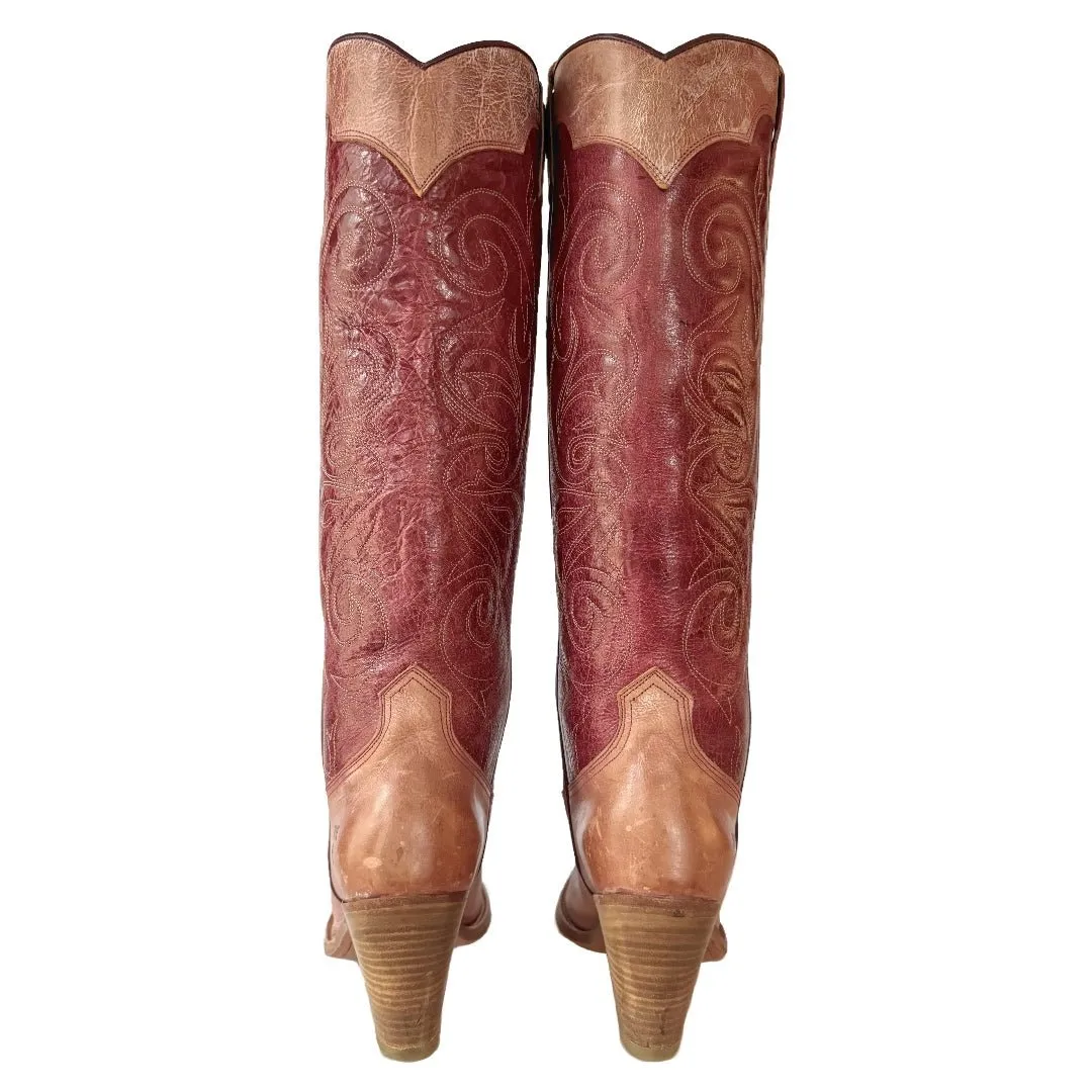 FRYE Vintage Swirl Stitching Tall Pink Red Cowgirl Western Boots