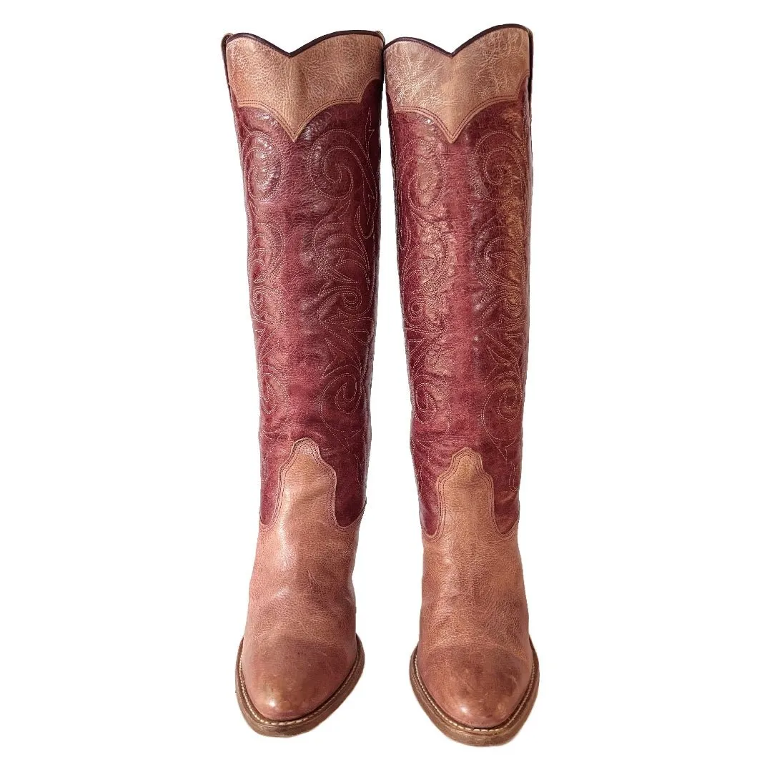 FRYE Vintage Swirl Stitching Tall Pink Red Cowgirl Western Boots